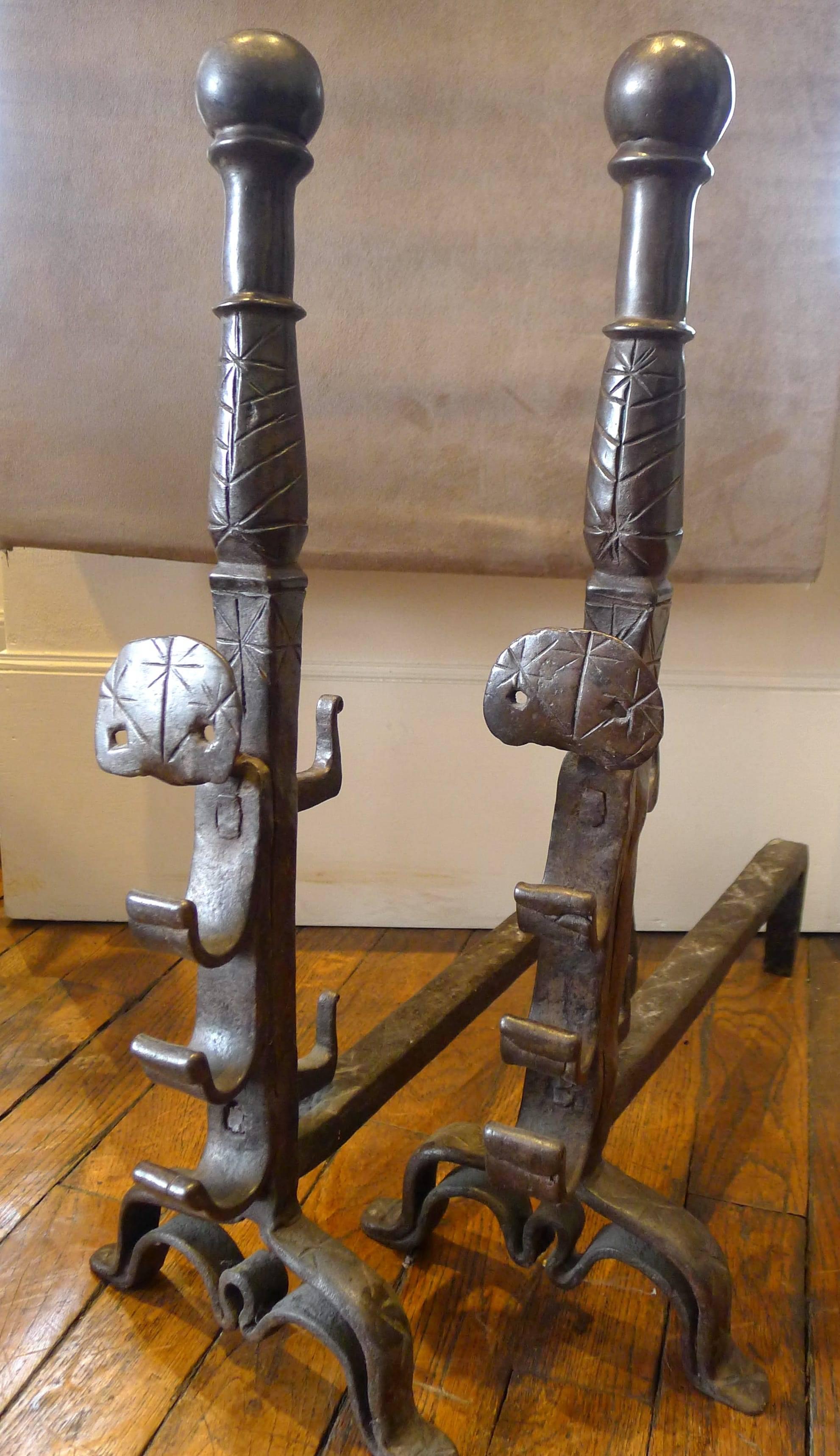 18th Century and Earlier Wrought Iron Rustic Andirons, 17th Century For Sale