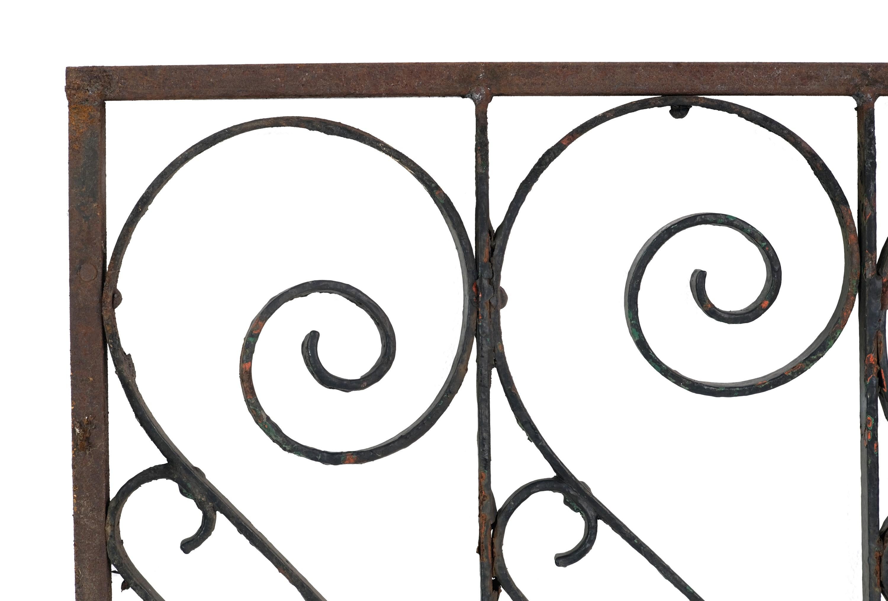 Antique decorative square wrought iron panel with S curves and spirals. It is painted black; the details are in very good condition. There is some rust from age and use. Please note, this item is located in our Scranton, PA location.