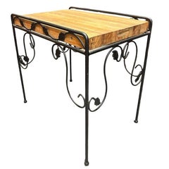 Wrought Iron Scrolling Ivy Wire Patio Wire Side Table w/ Butcher Block Top