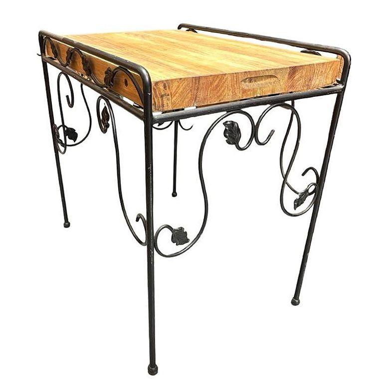 Mid-Century Modern Wrought Iron Scrolling Ivy Wire Patio Wire Side Table w/ Butcher Block Top For Sale