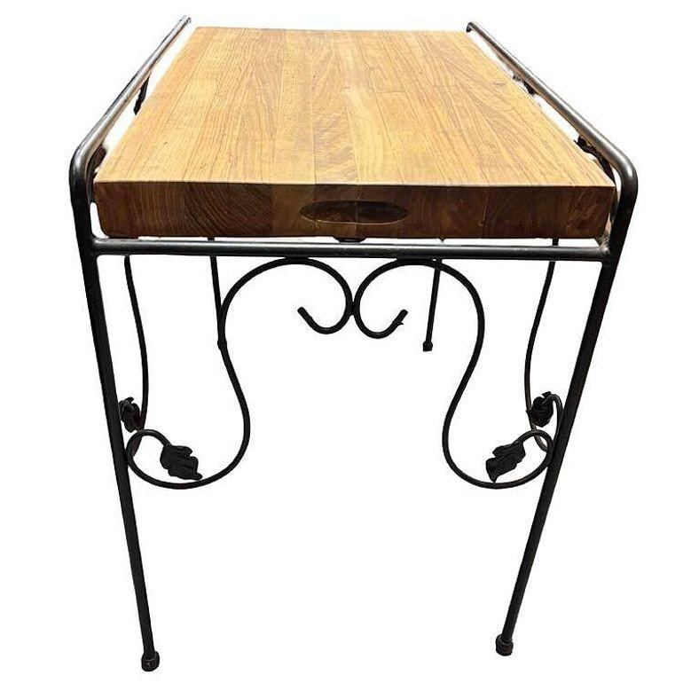 American Wrought Iron Scrolling Ivy Wire Patio Wire Side Table w/ Butcher Block Top For Sale