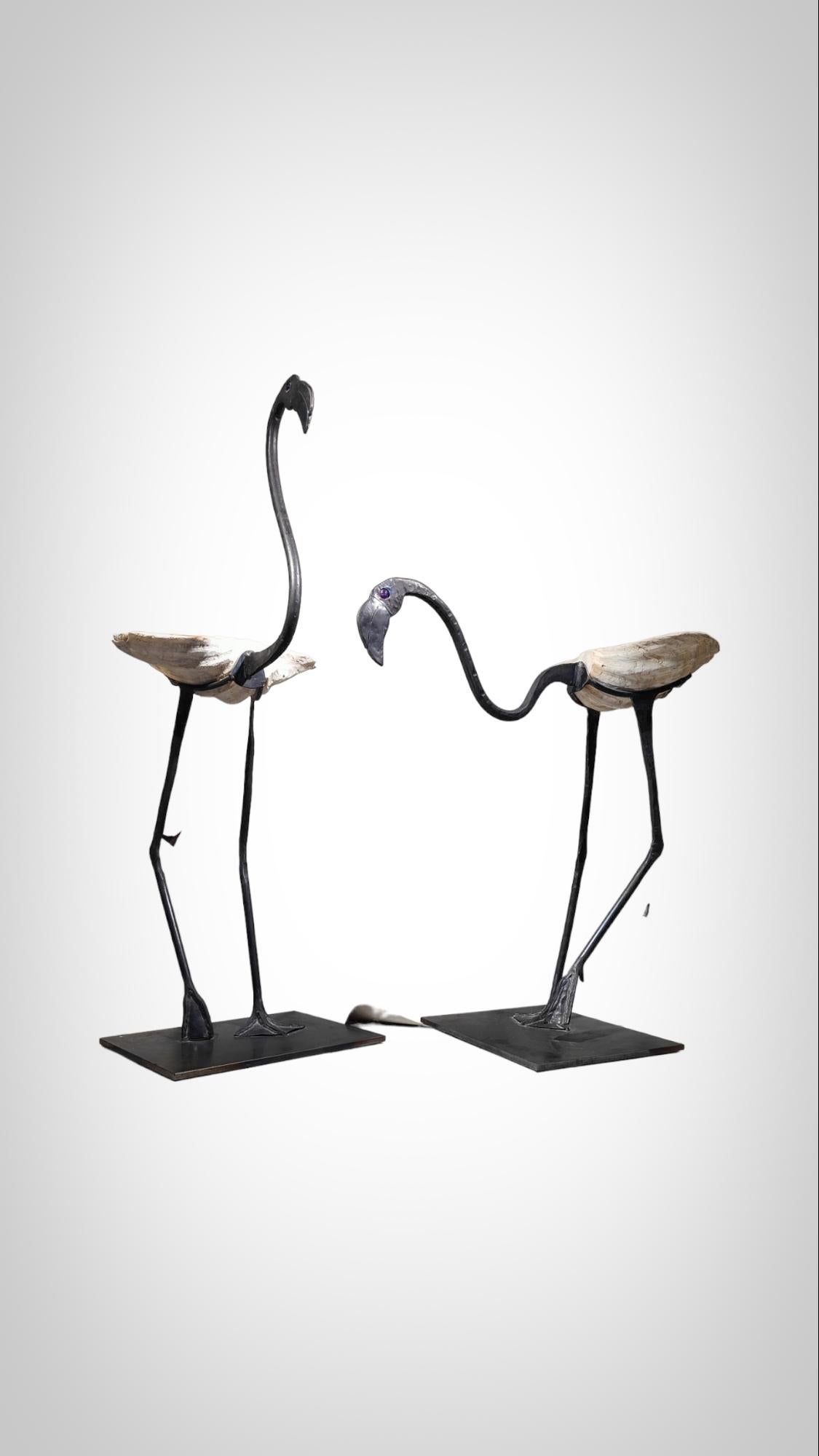 Wrought Iron Sculptures Of Life Size Flamingos For Sale 4