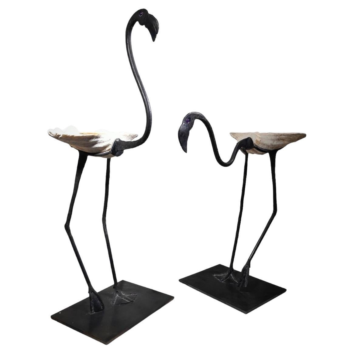 Wrought Iron Sculptures Of Life Size Flamingos For Sale