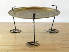 Wrought Iron Serpents Table with Hand Tooled Star Pattern on Brass Top