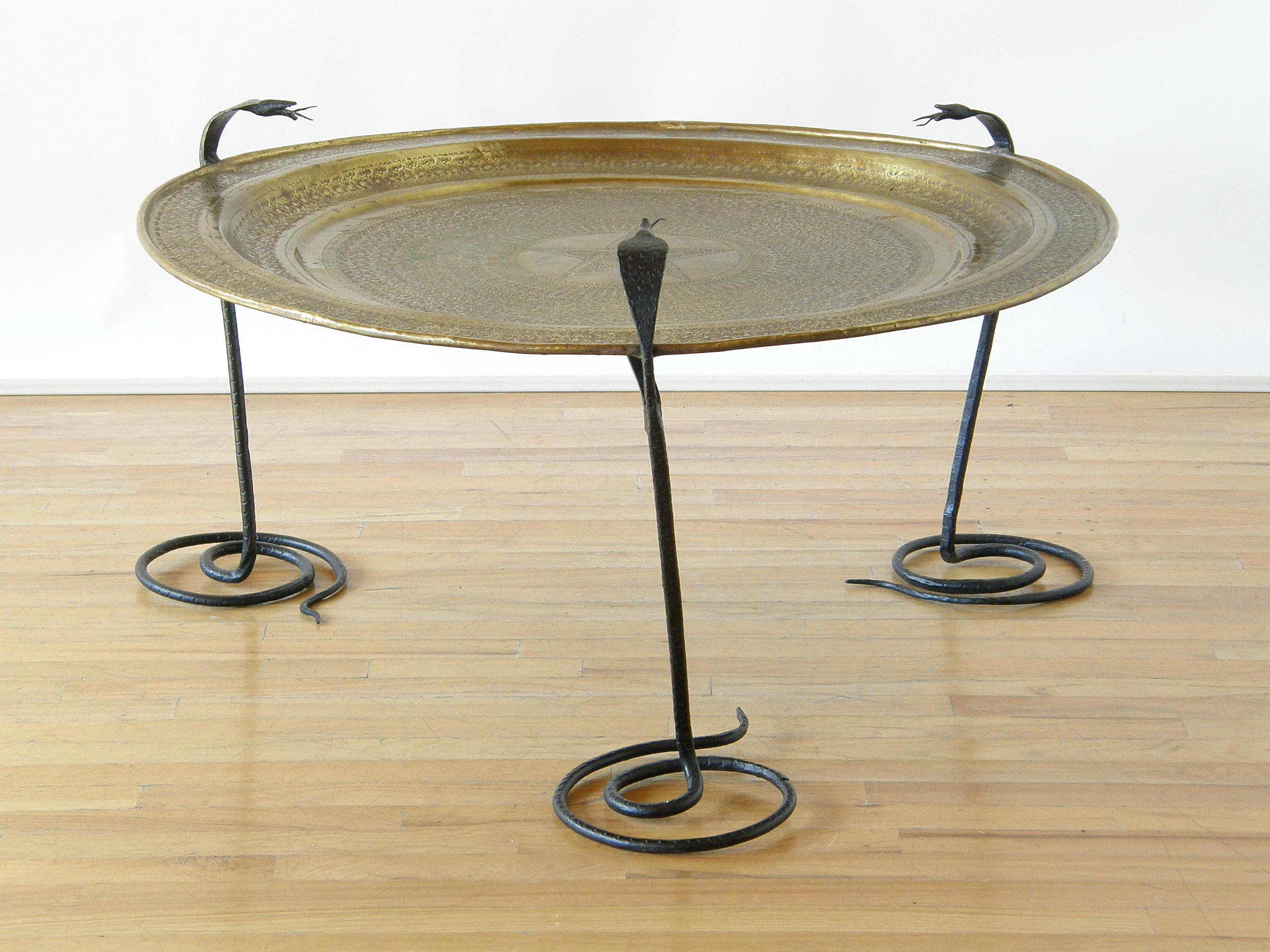 Moorish Wrought Iron Serpents Table with Hand Tooled Star Pattern on Brass Top For Sale