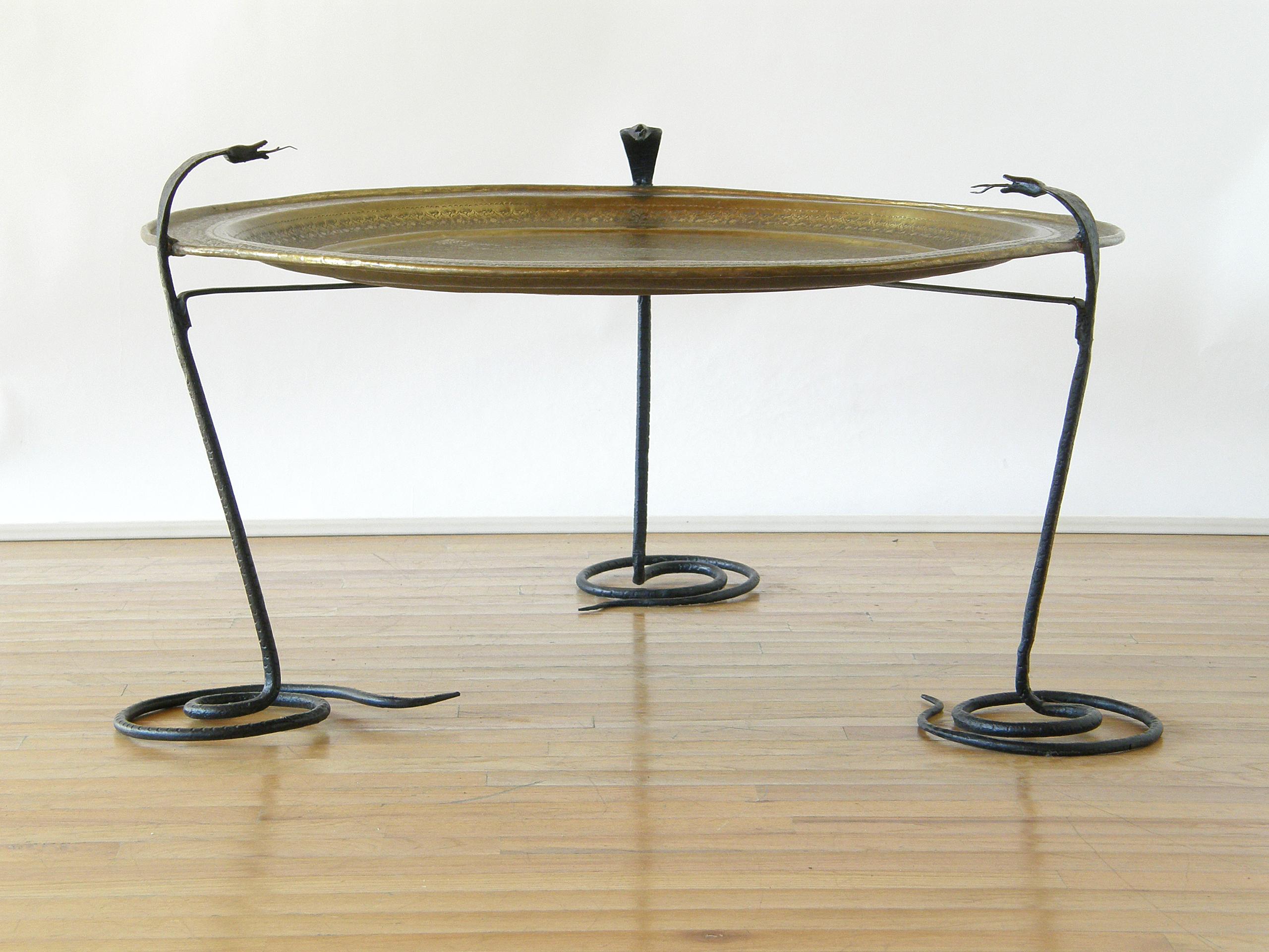 Unknown Wrought Iron Serpents Table with Hand Tooled Star Pattern on Brass Top For Sale