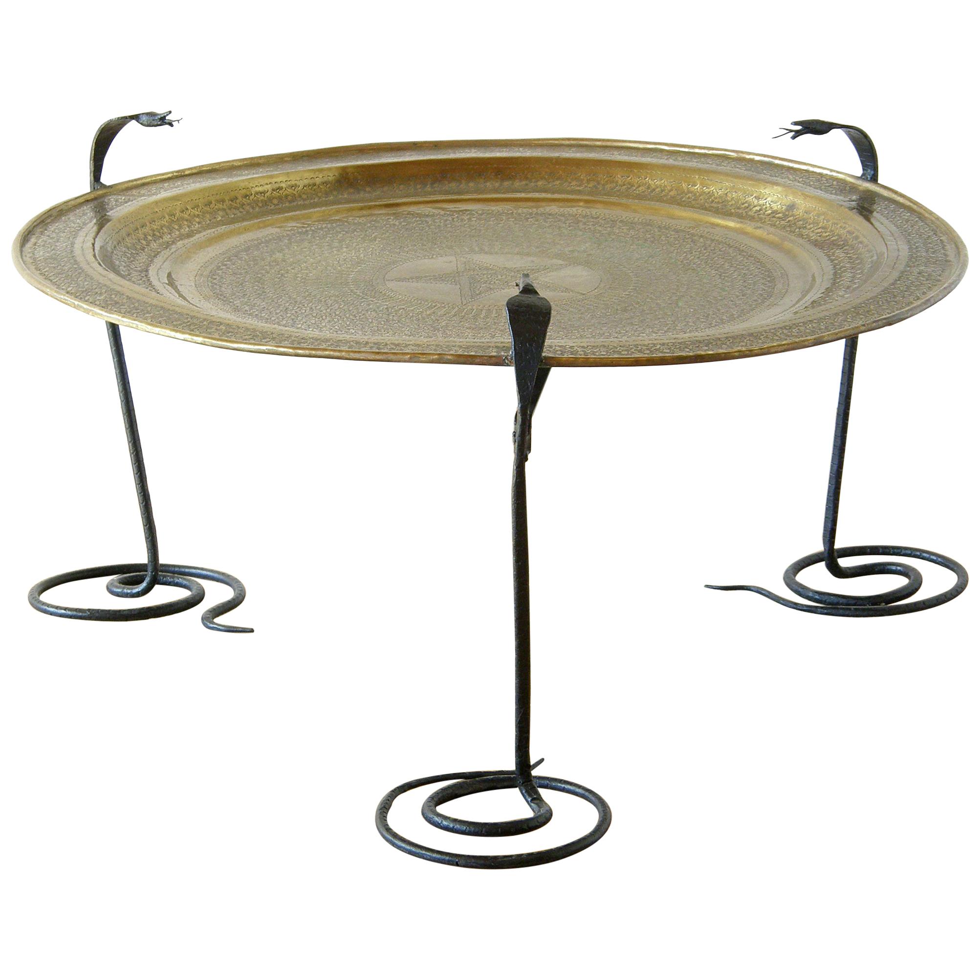 Wrought Iron Serpents Table with Hand Tooled Star Pattern on Brass Top