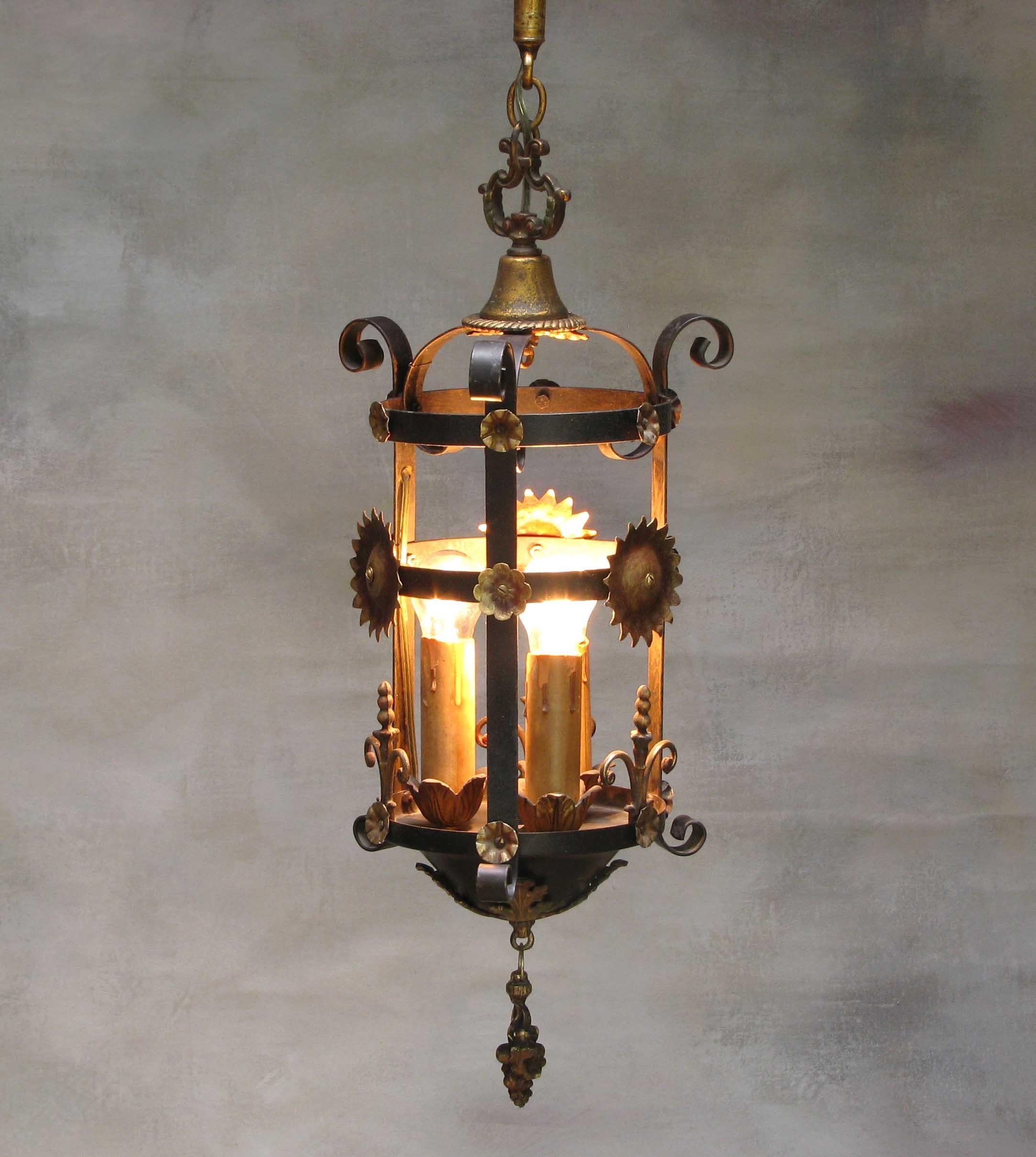 Wrought Iron & Sheet Metal Hanging Lantern Circa 1920's In Good Condition In Ottawa, Ontario