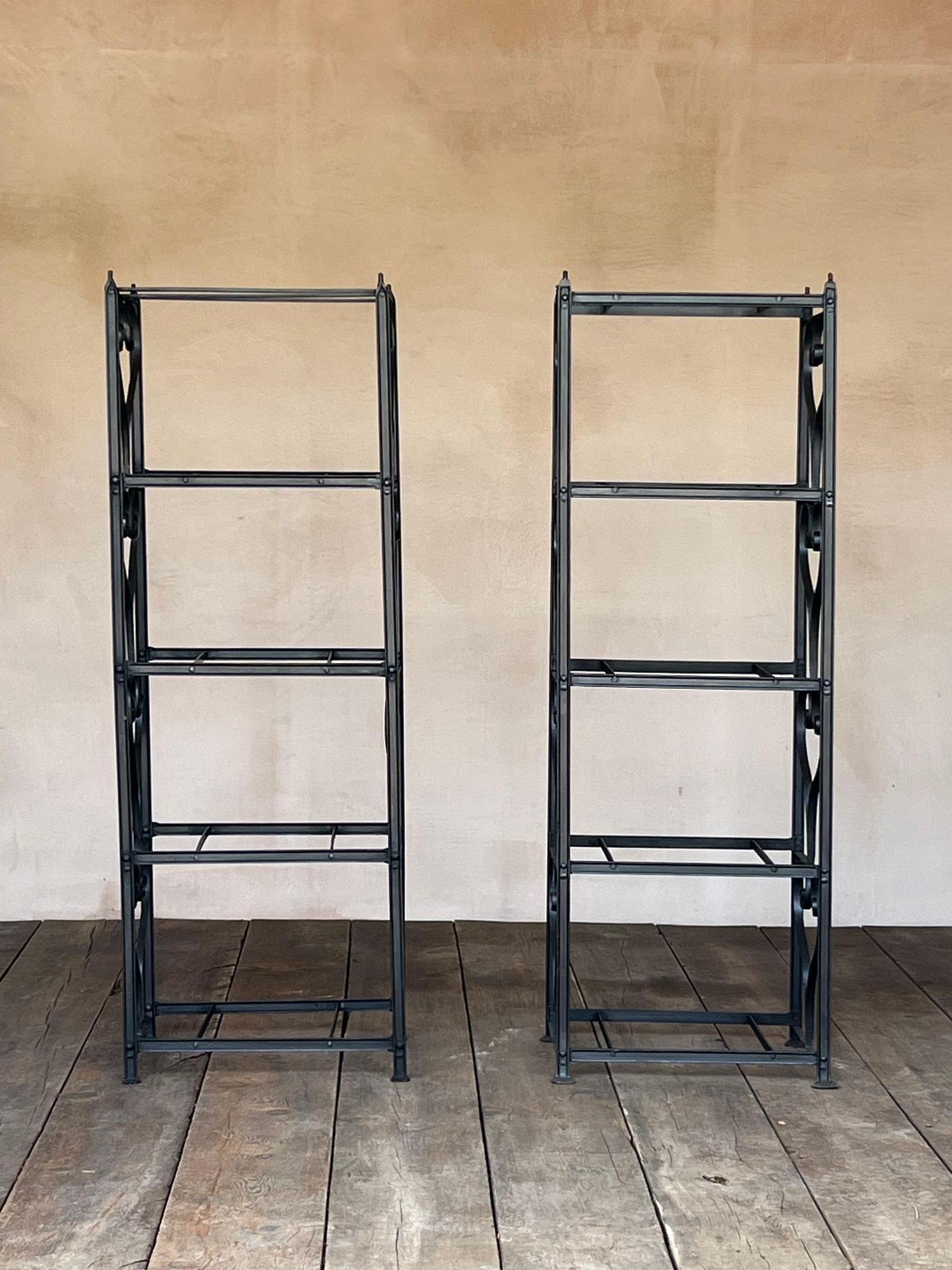 A pair of 19thC wrought iron deed rack shelf units. Originally used to store deed boxes in solicitors offices. Some small differences in the two. Available individually if required. Price shown for one rack.
Dimensions:
H 165cm
W 58cm
D 40cm