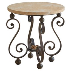 Vintage Wrought Iron Side Table with Peachy Marble Top, France 1940s