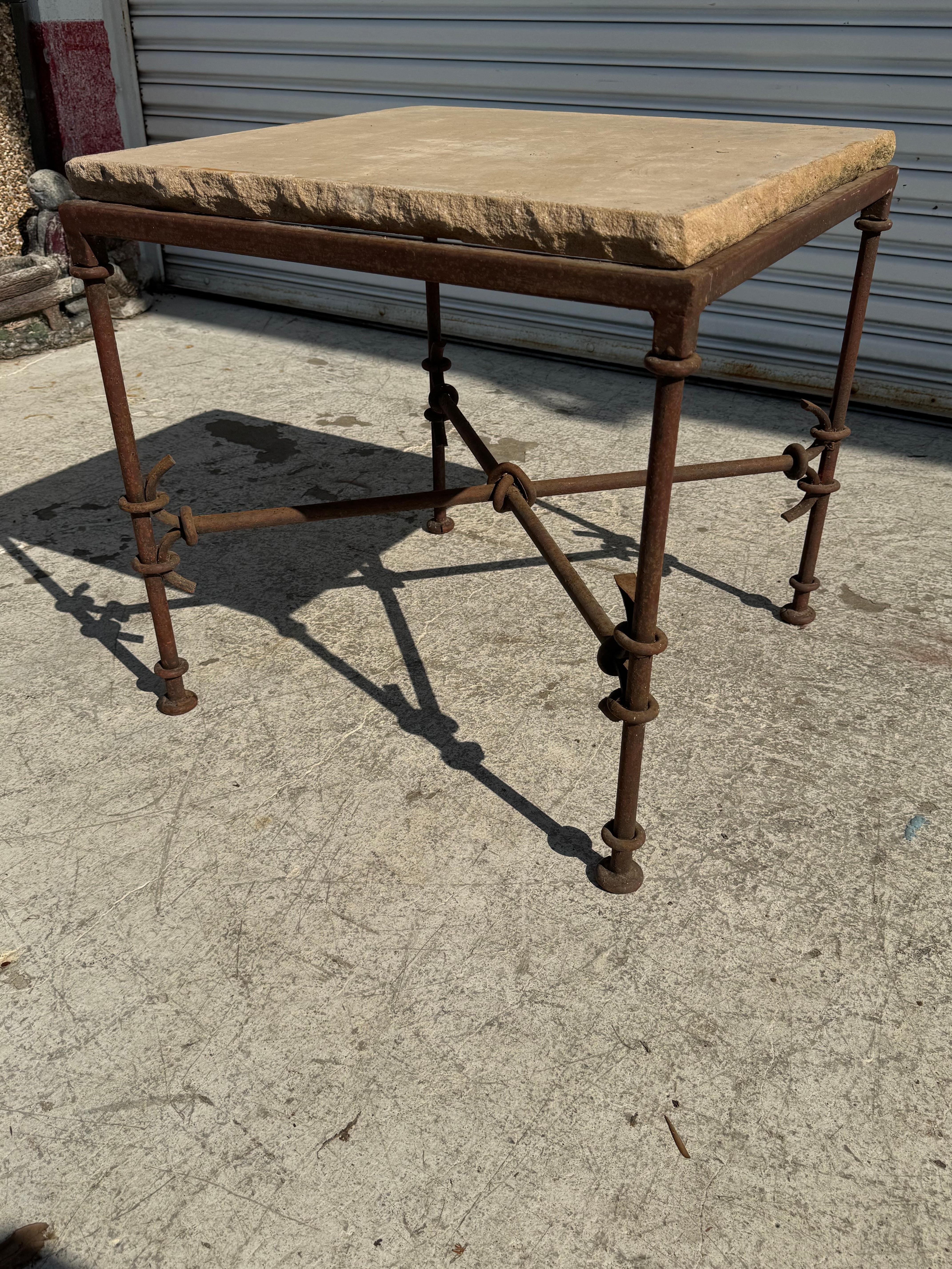 20th Century Wrought Iron Side Table with Stone Slab Top For Sale