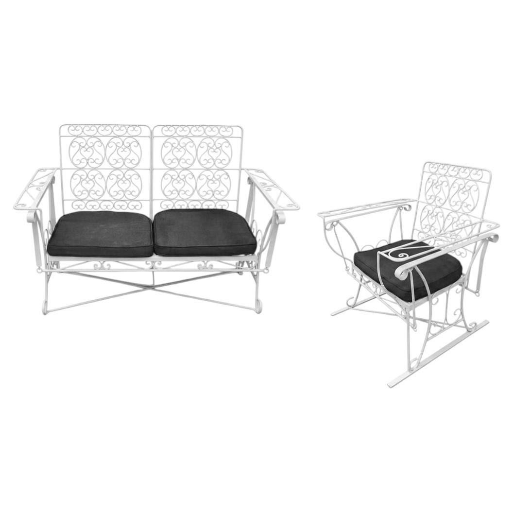 White Scrolling Wrought Iron Glider Rocking Settee & Chair Patio Outdoor Set For Sale