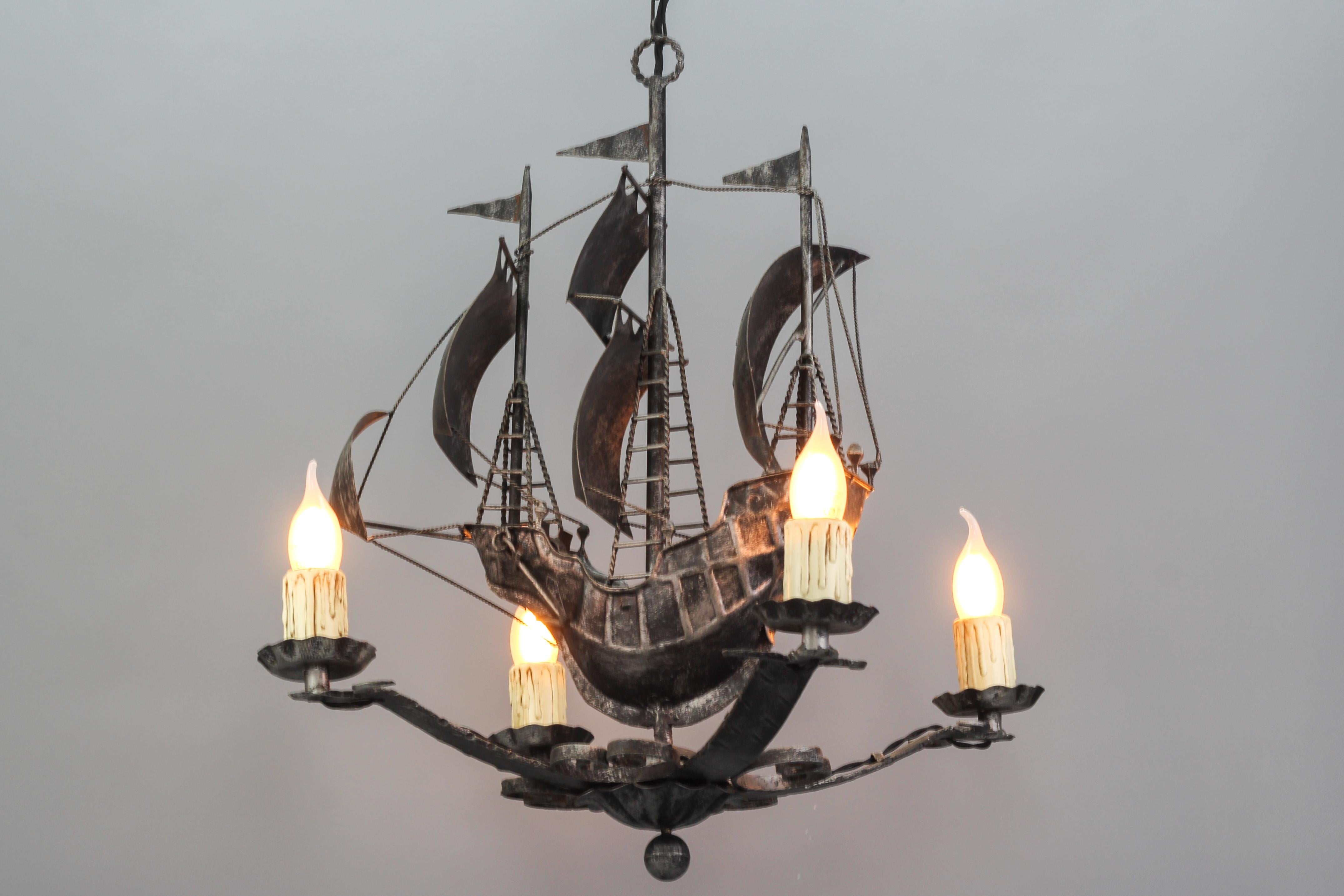 Wrought Iron Spanish Galleon Sailing Ship Shaped Four-Light Chandelier, 1950s 2