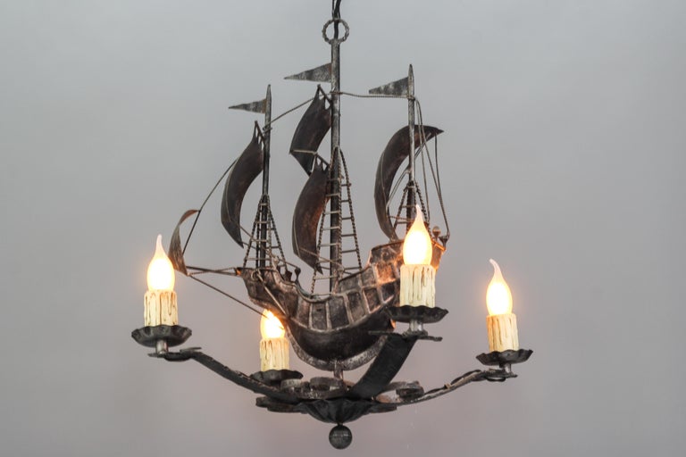 Wrought Iron Spanish Galleon Sailing Ship Shaped FourLight Chandelier, 1950s at 1stDibs