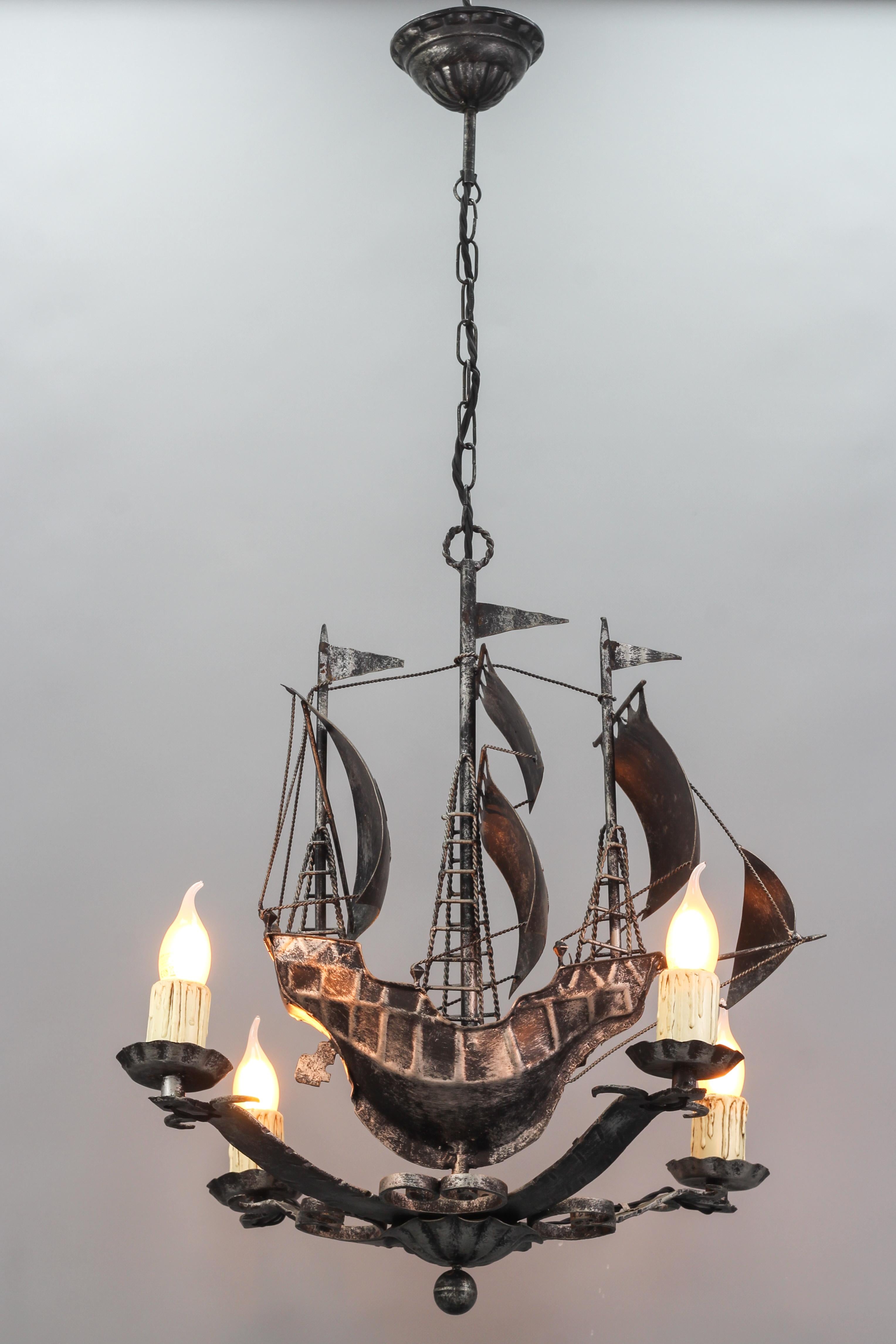 Wrought Iron Spanish Galleon Sailing Ship Shaped Four-Light Chandelier, 1950s 3