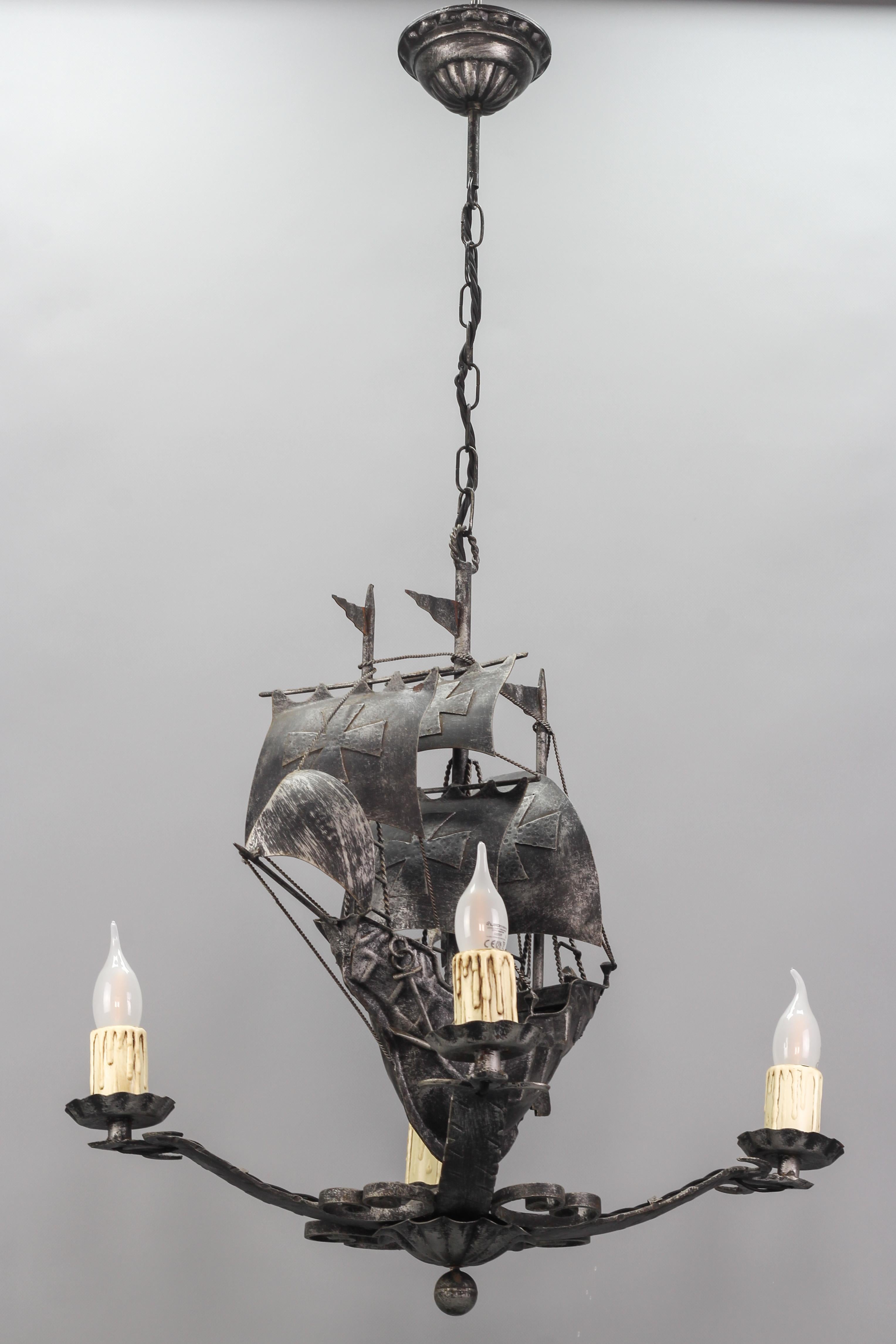 Wrought Iron Spanish Galleon Sailing Ship Shaped Four-Light Chandelier, 1950s 4