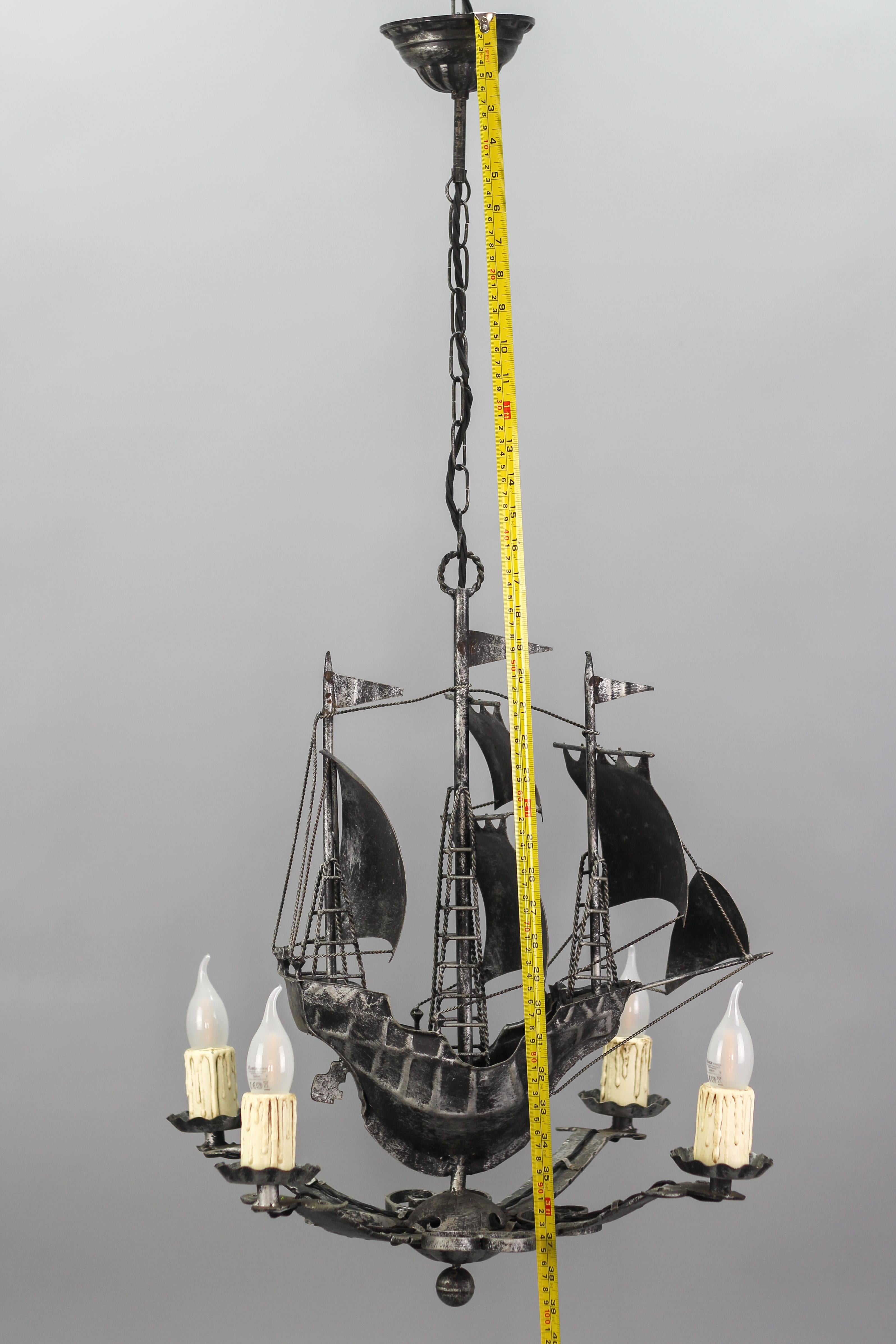 Wrought Iron Spanish Galleon Sailing Ship Shaped Four-Light Chandelier, 1950s 5
