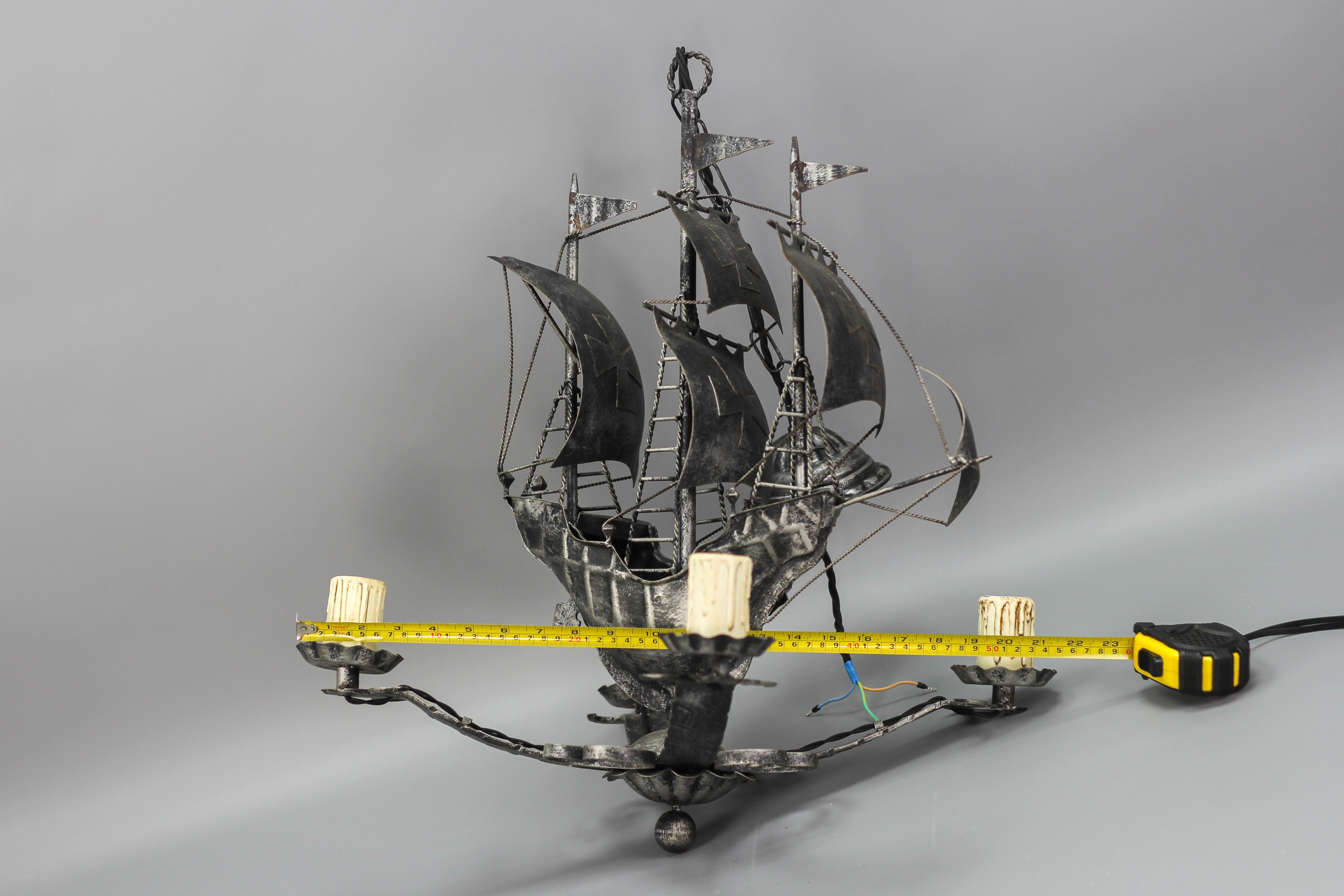 Wrought Iron Spanish Galleon Sailing Ship Shaped Four-Light Chandelier, 1950s 6