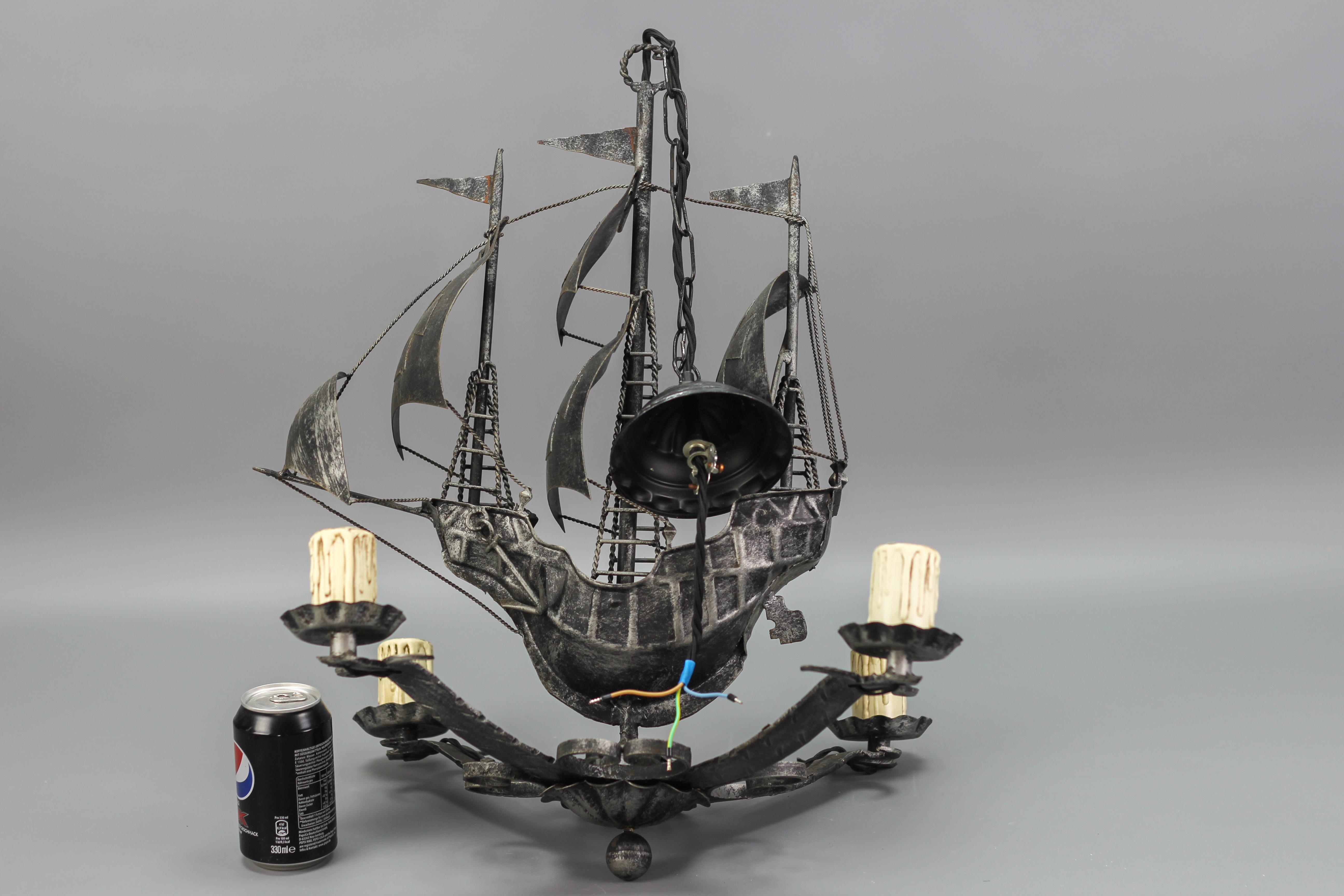 Wrought Iron Spanish Galleon Sailing Ship Shaped Four-Light Chandelier, 1950s 7