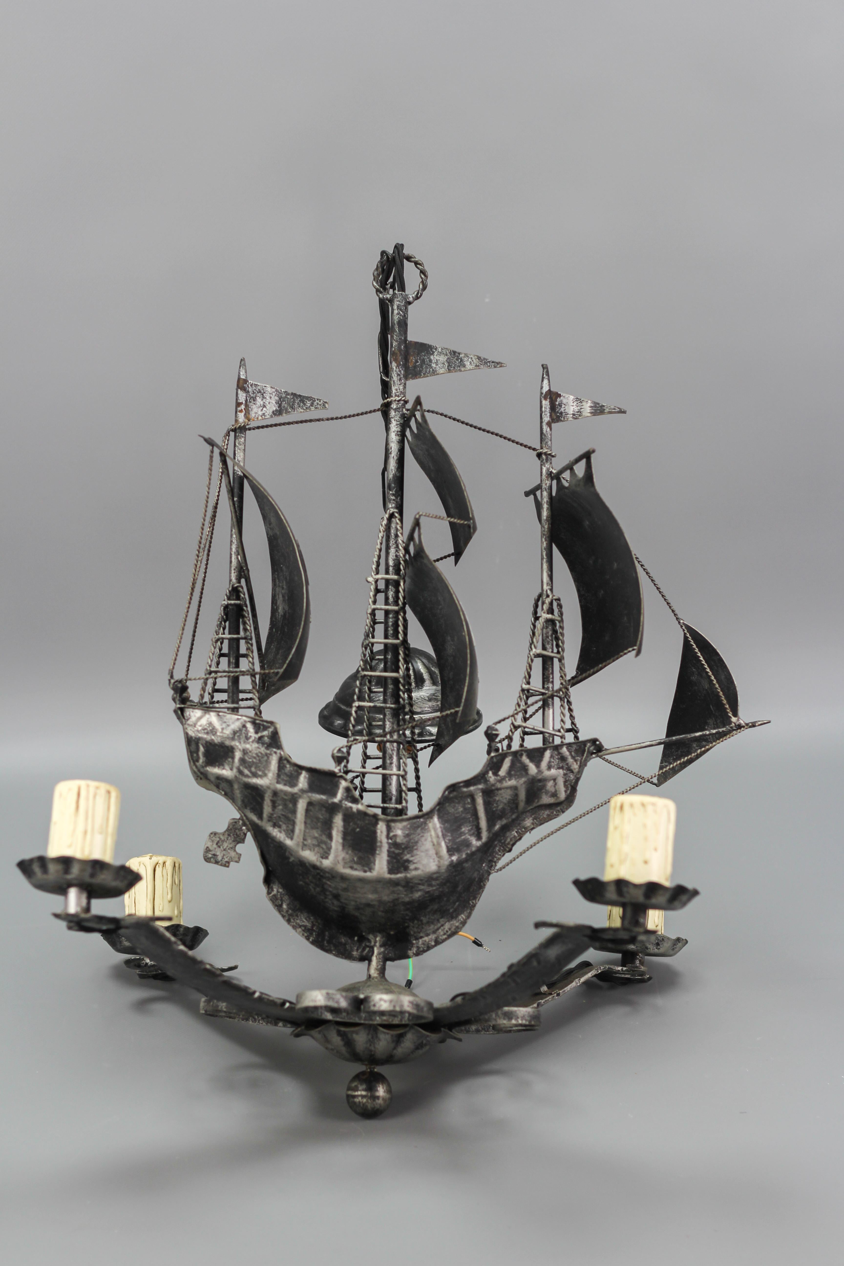 Wrought Iron Spanish Galleon Sailing Ship Shaped Four-Light Chandelier, 1950s 8