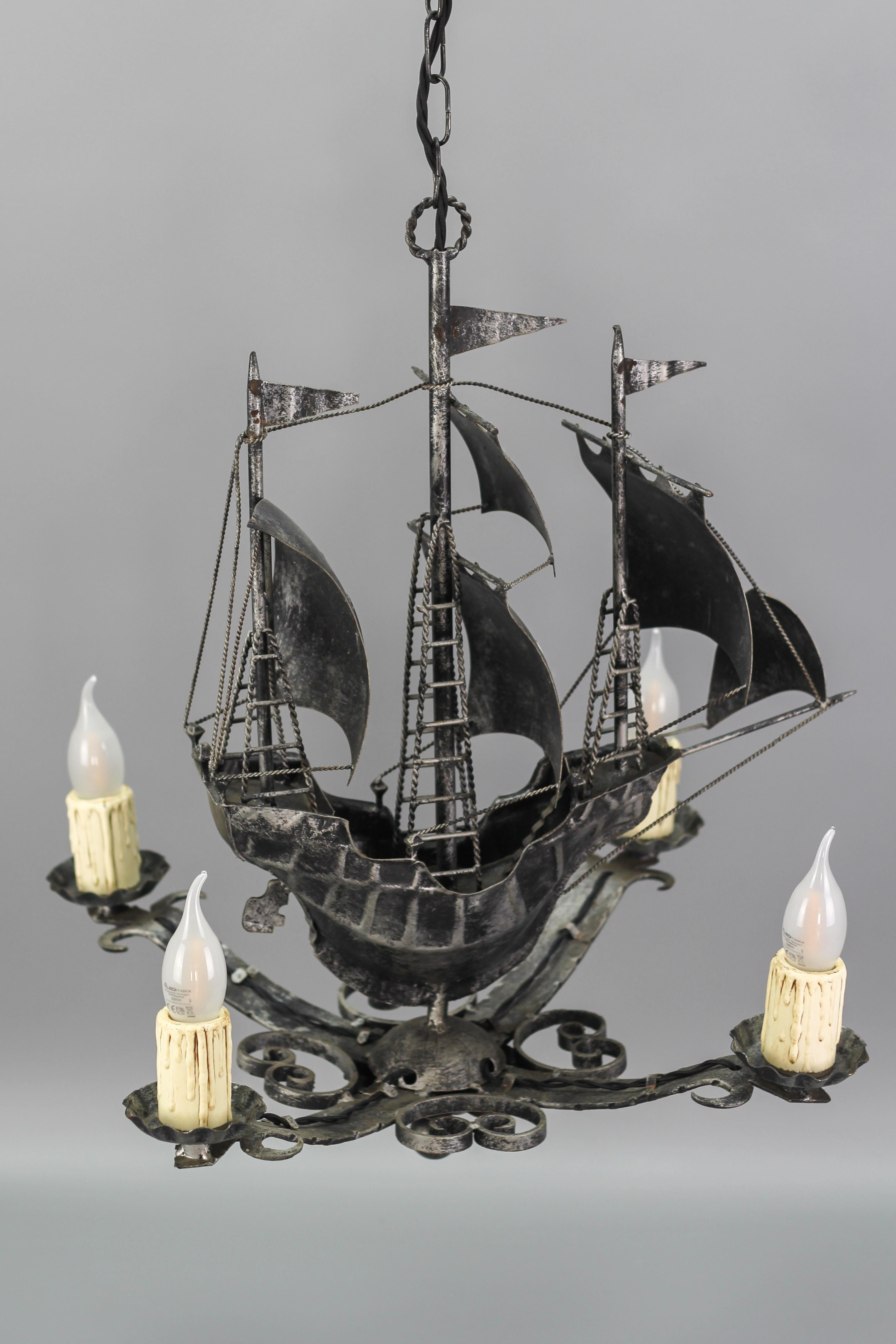 Wrought Iron Spanish Galleon Sailing Ship Shaped Four-Light Chandelier, 1950s 9