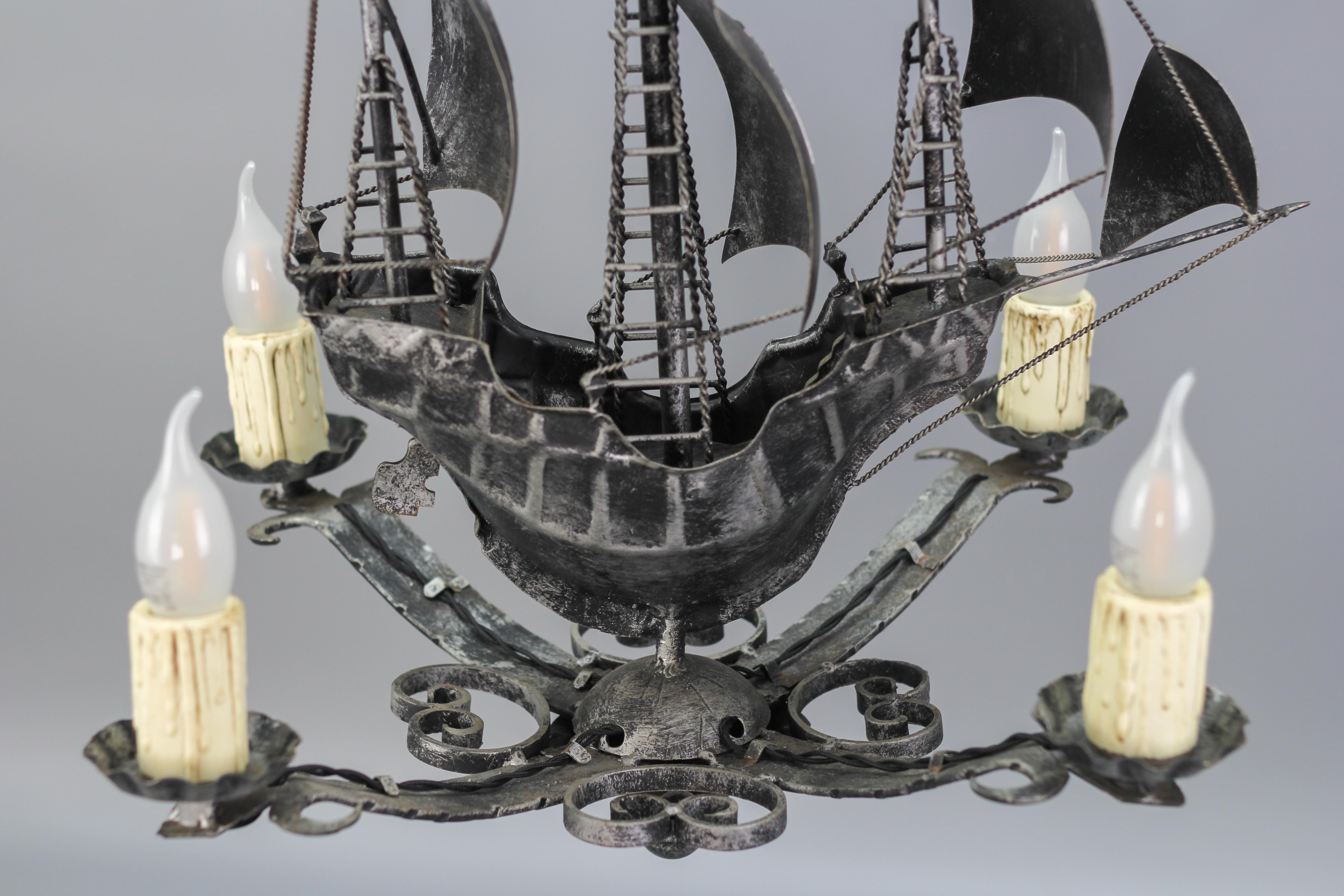Wrought Iron Spanish Galleon Sailing Ship Shaped Four-Light Chandelier, 1950s 10