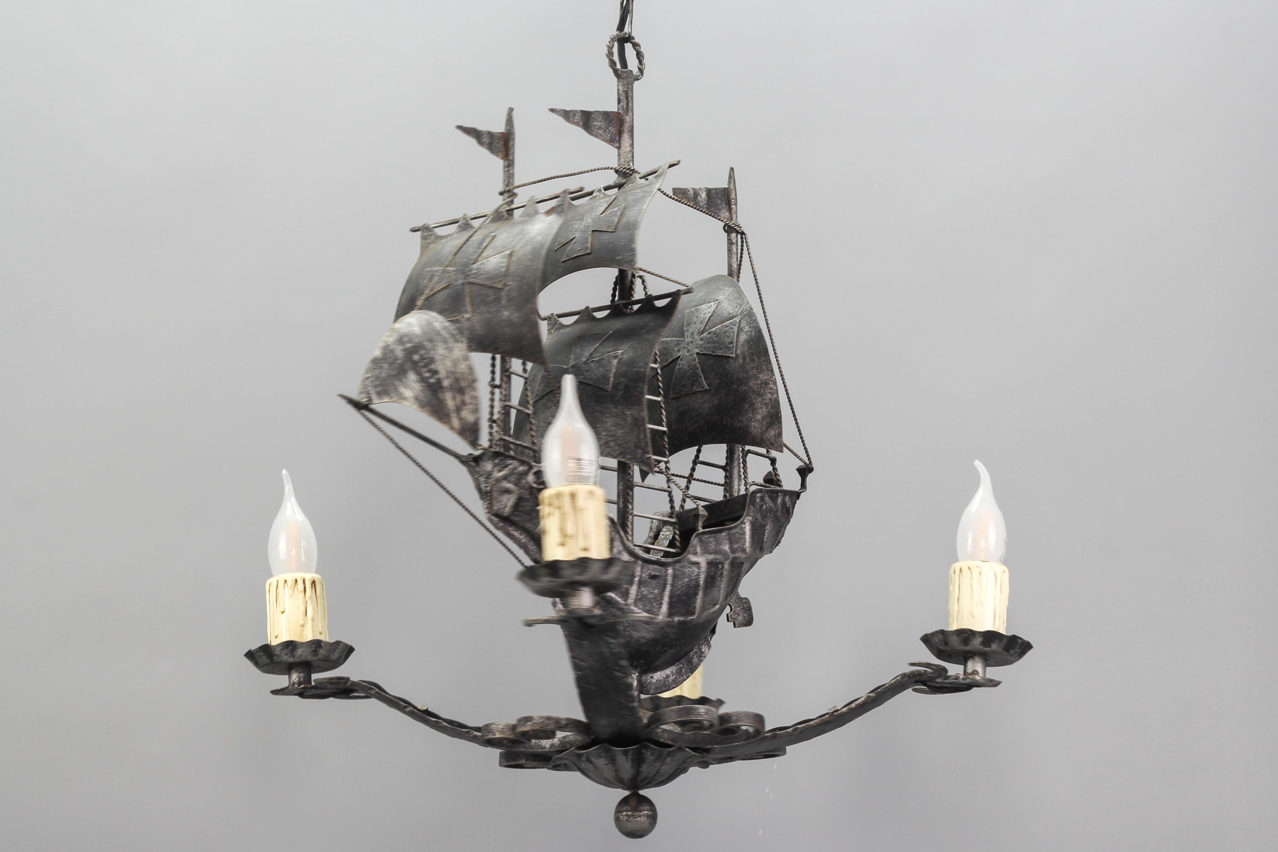 Wrought Iron Spanish Galleon Sailing Ship Shaped Four-Light Chandelier, 1950s 11