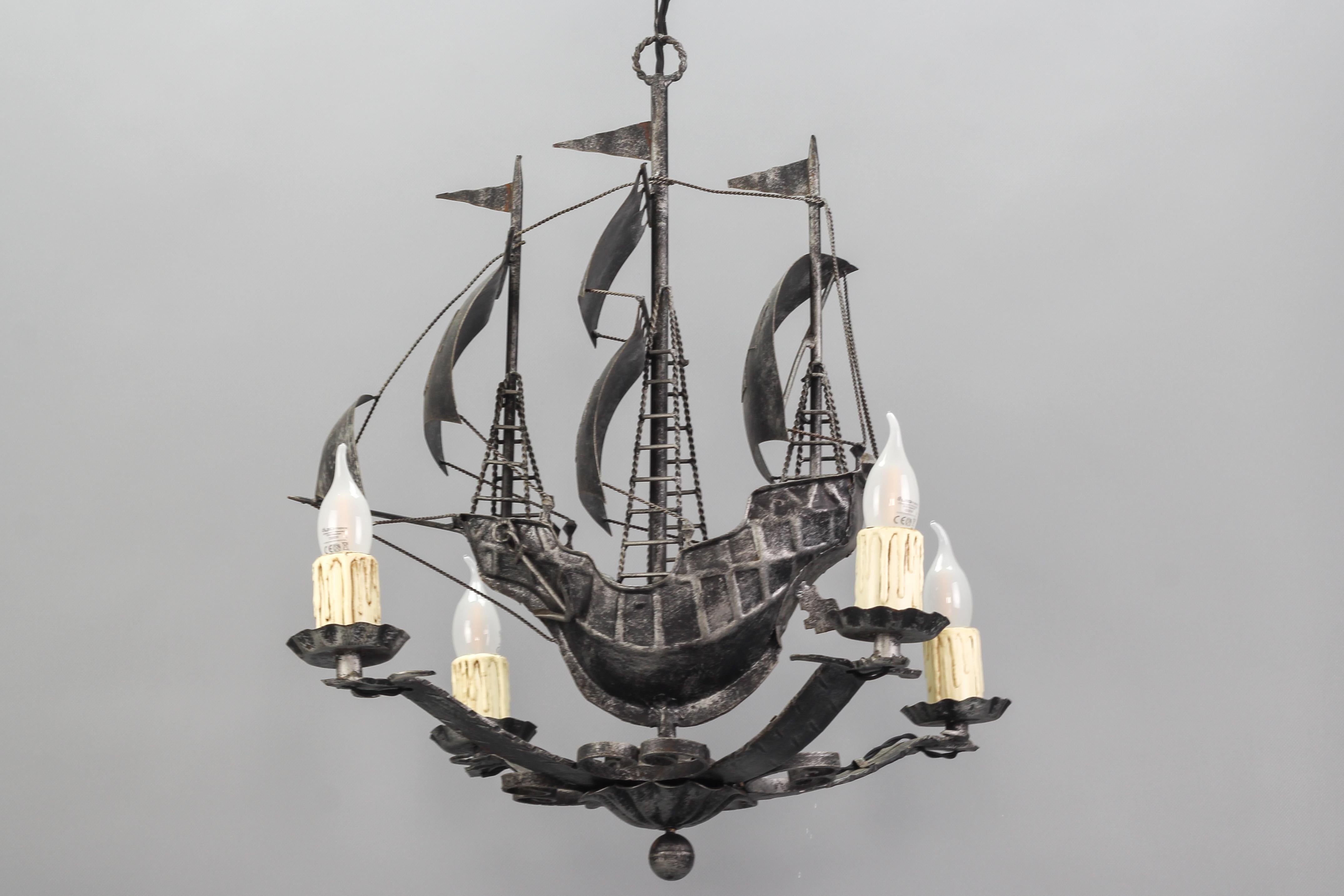 Wrought Iron Spanish Galleon Sailing Ship Shaped Four-Light Chandelier, 1950s 12