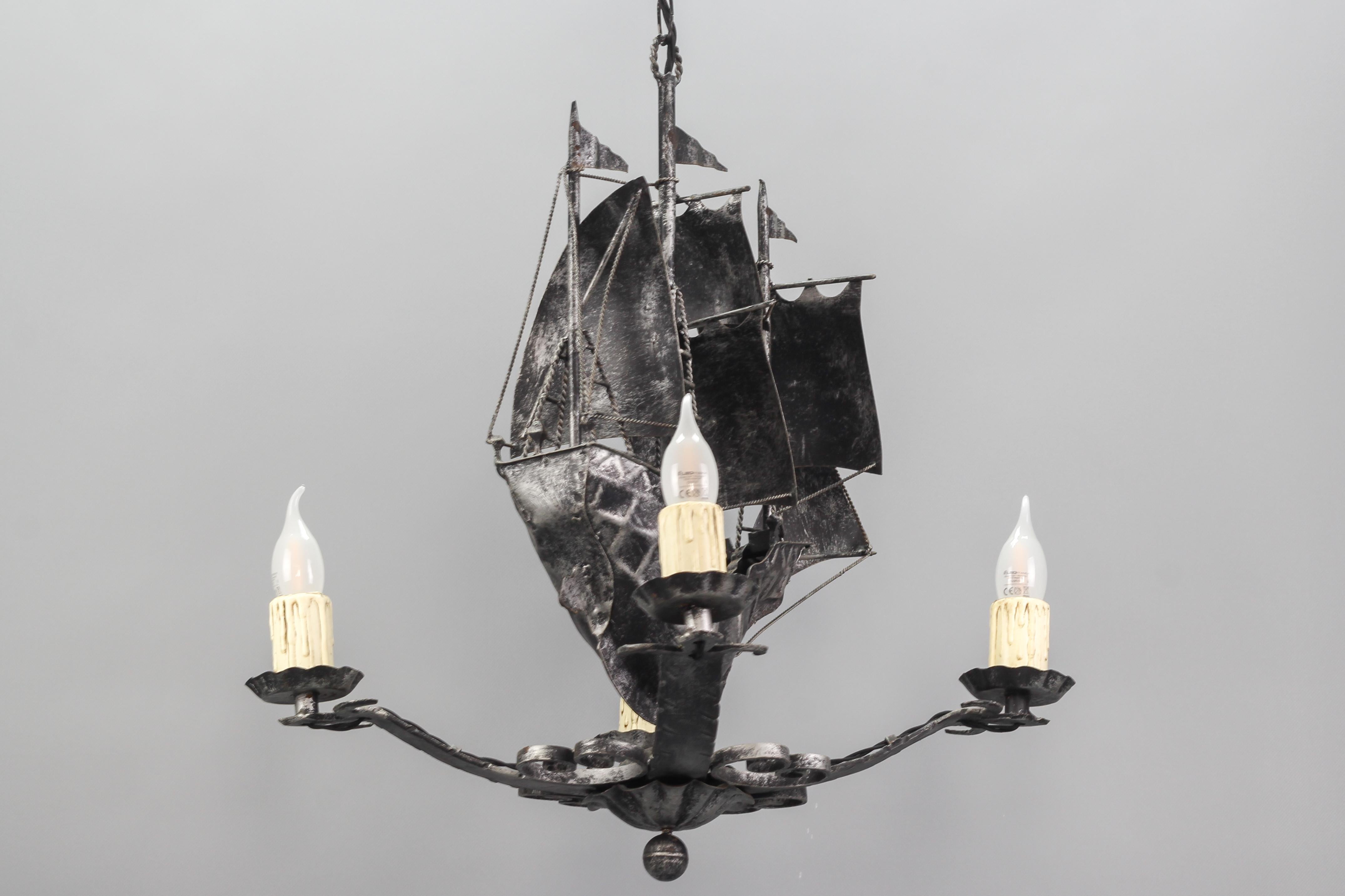 Rustic Wrought Iron Spanish Galleon Sailing Ship Shaped Four-Light Chandelier, 1950s