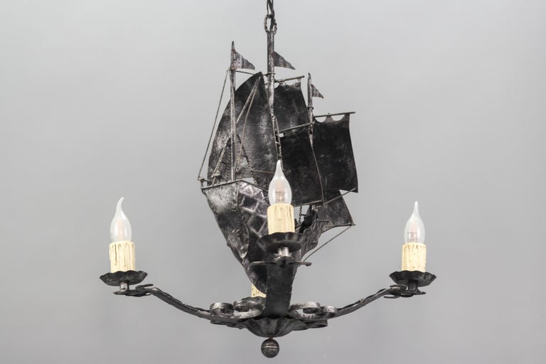 Wrought Iron Spanish Galleon Sailing Ship Shaped FourLight Chandelier, 1950s at 1stDibs