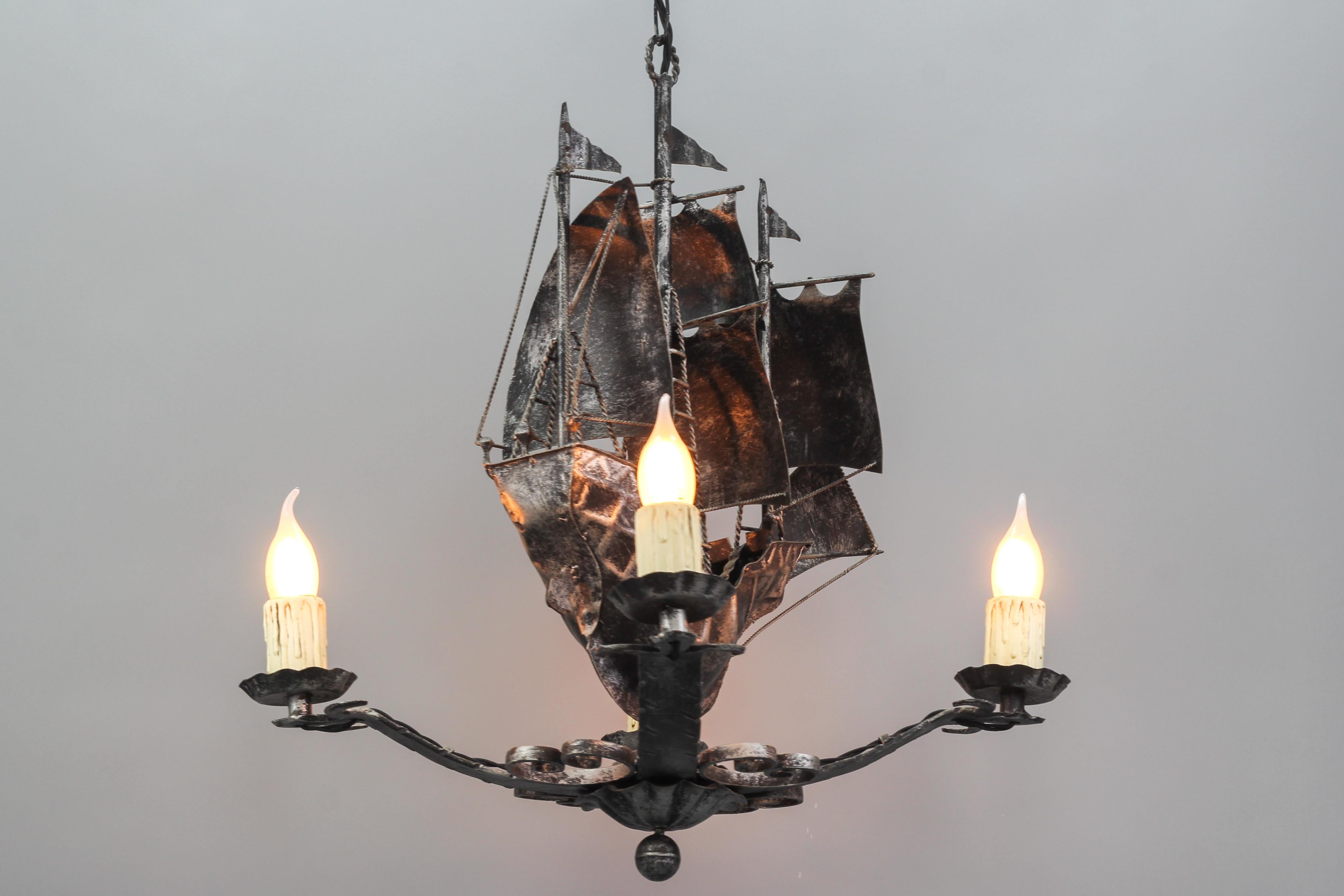 Wrought Iron Spanish Galleon Sailing Ship Shaped Four-Light Chandelier, 1950s In Good Condition In Barntrup, DE