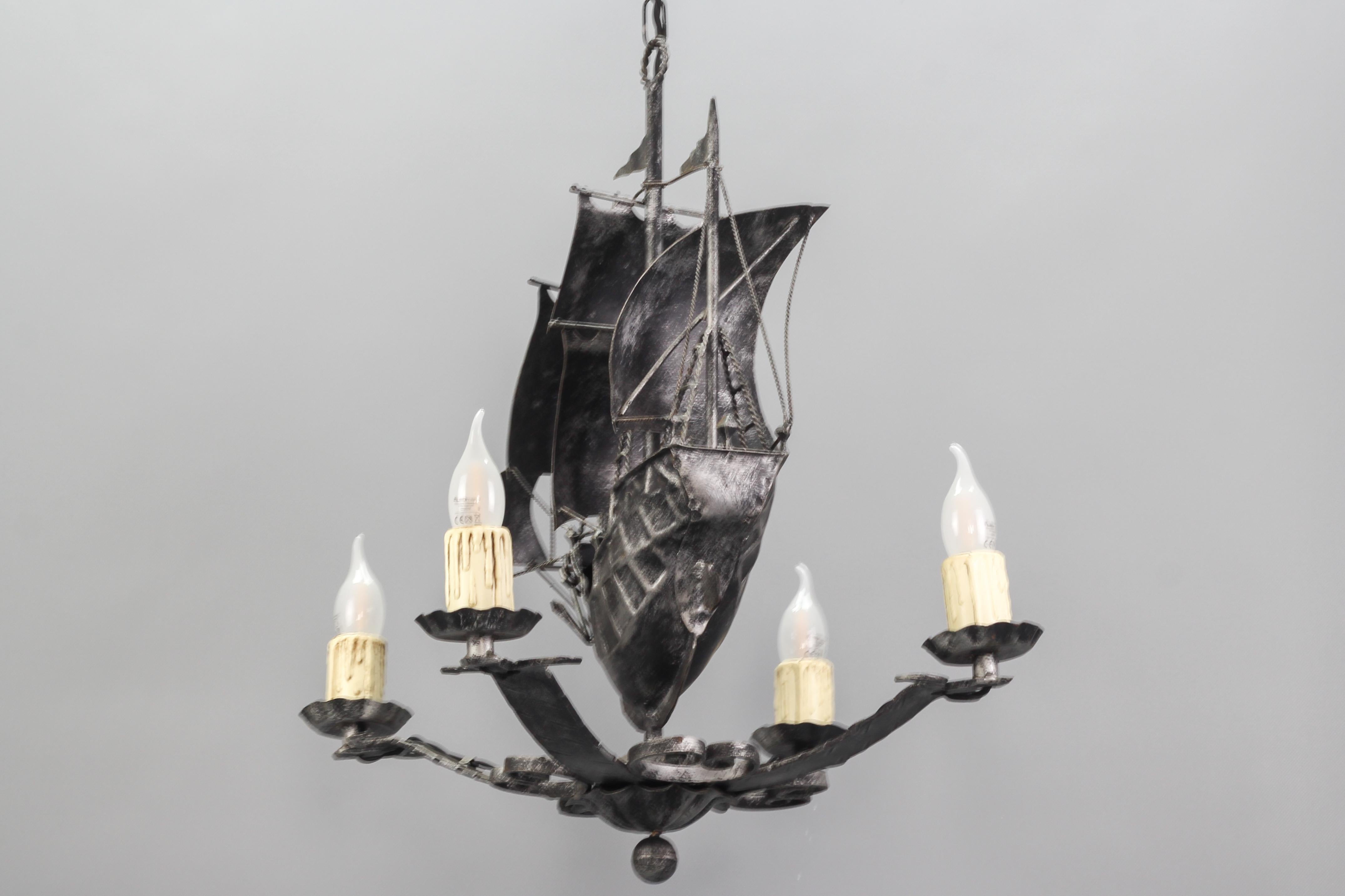Mid-20th Century Wrought Iron Spanish Galleon Sailing Ship Shaped Four-Light Chandelier, 1950s