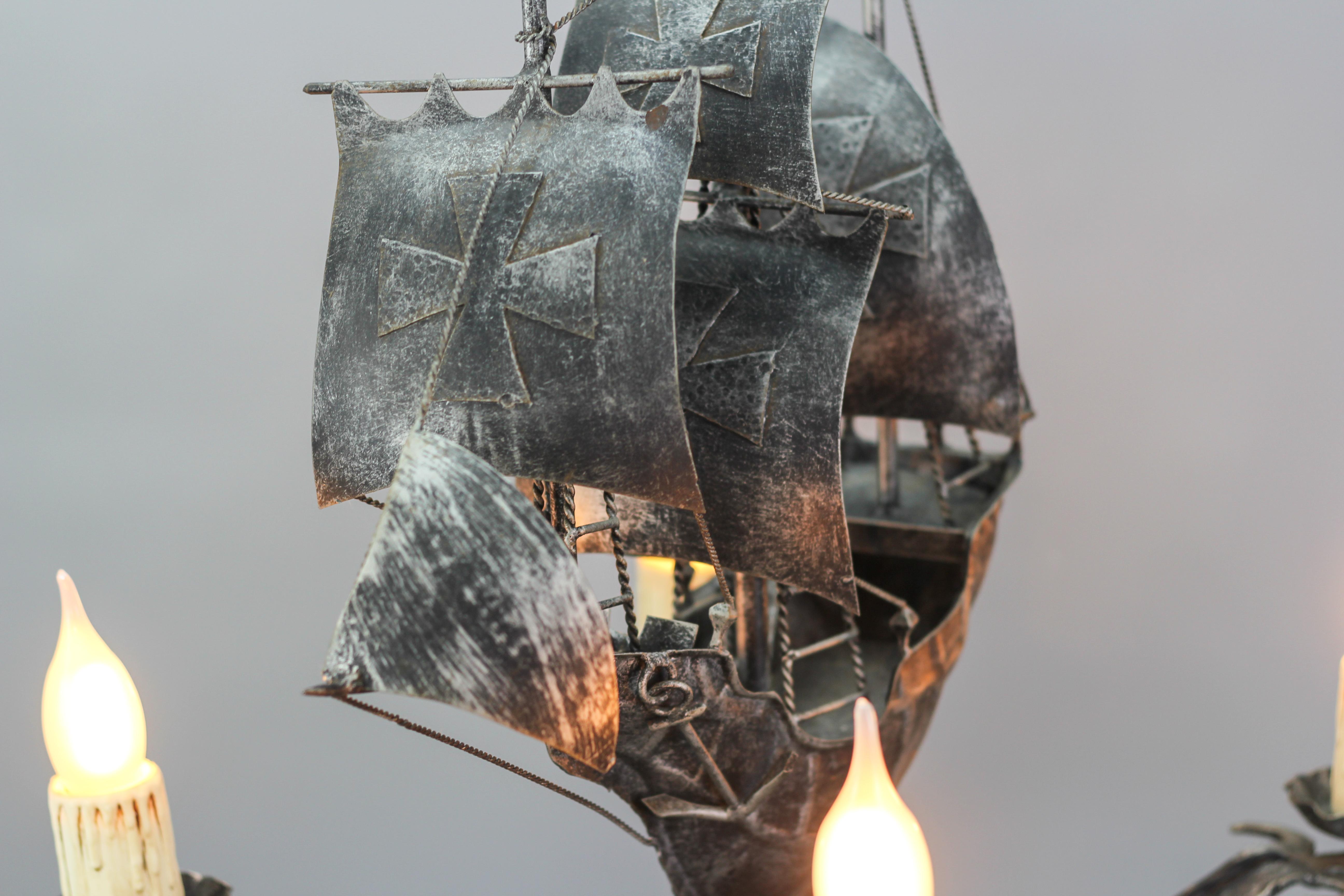 Wrought Iron Spanish Galleon Sailing Ship Shaped Four-Light Chandelier, 1950s 1