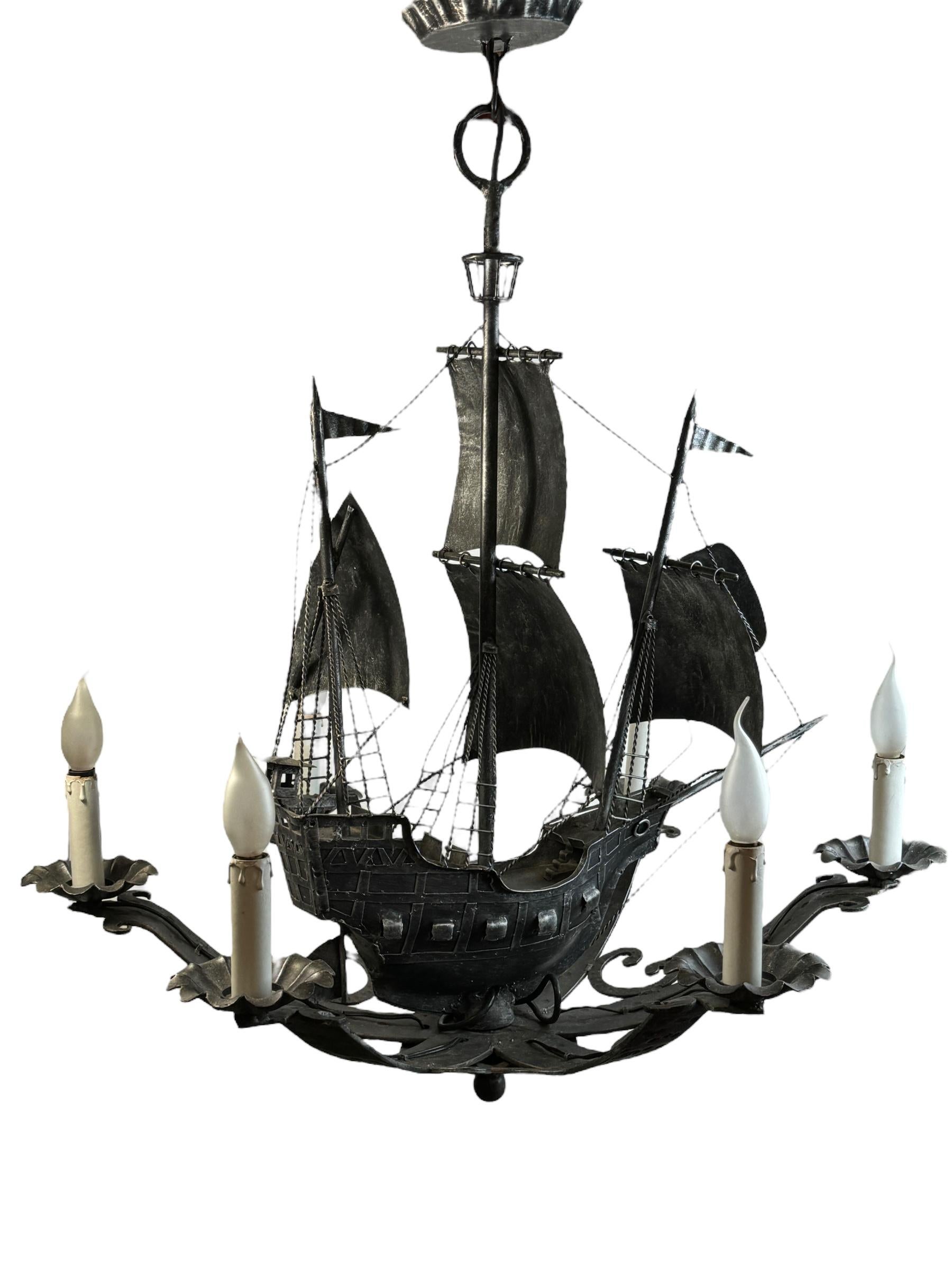 Wrought Iron Spanish Gallon Sailing Ship Six-Light Chandelier, Vintage 1960s For Sale 2