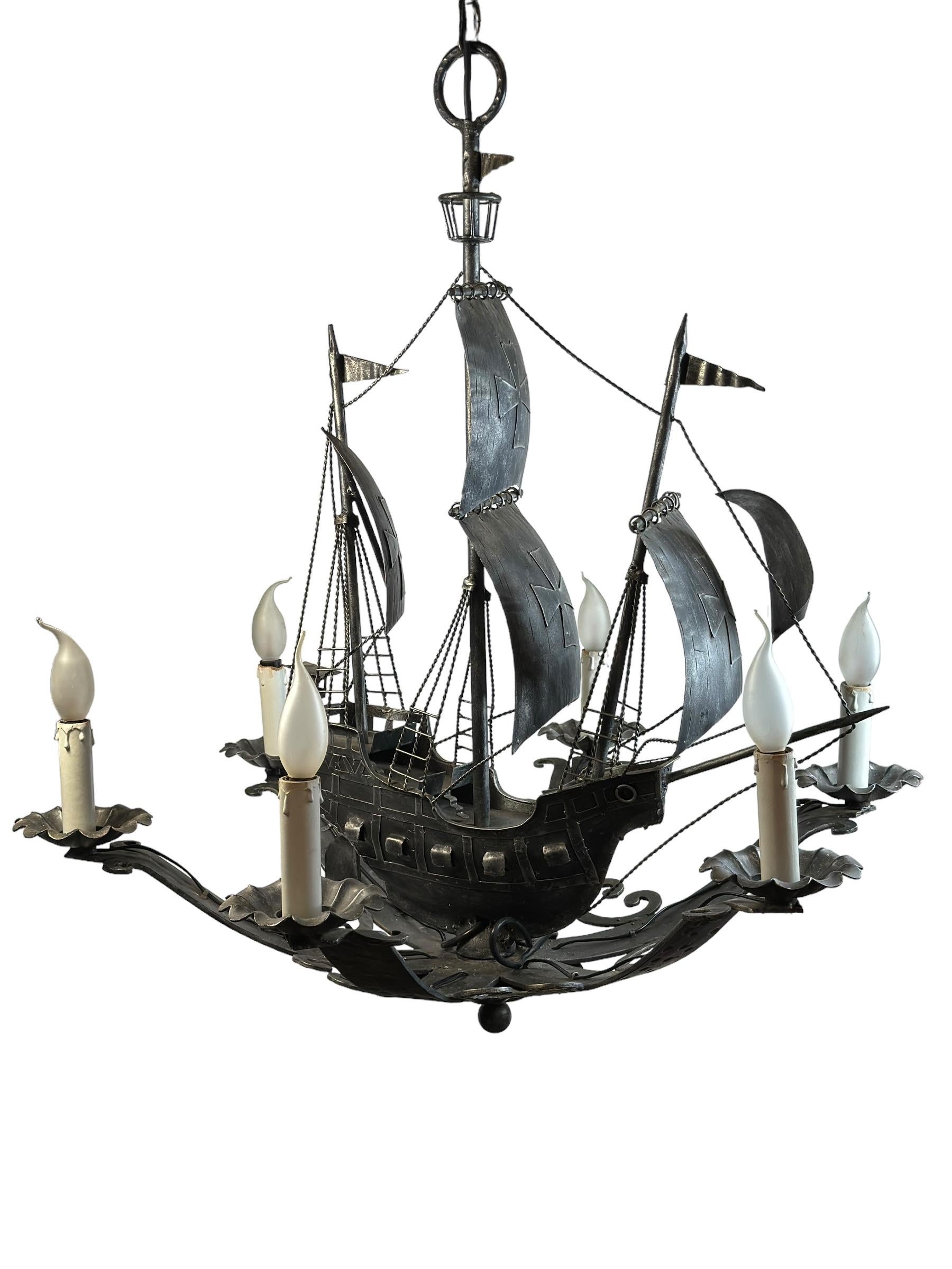 Wrought Iron Spanish Gallon Sailing Ship Six-Light Chandelier, Vintage 1960s For Sale 3