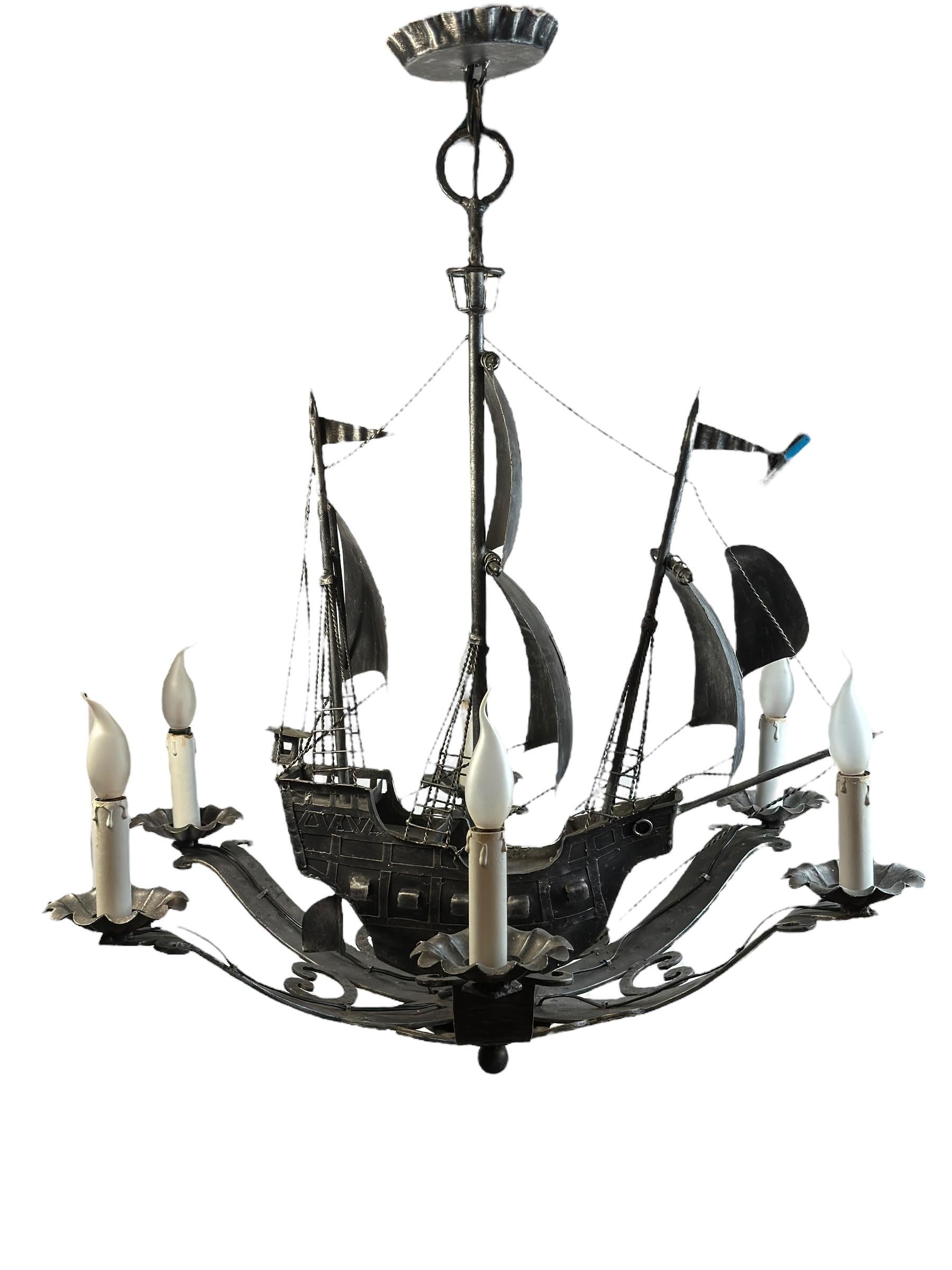 Wrought Iron Spanish Gallon Sailing Ship Six-Light Chandelier, Vintage 1960s For Sale 4