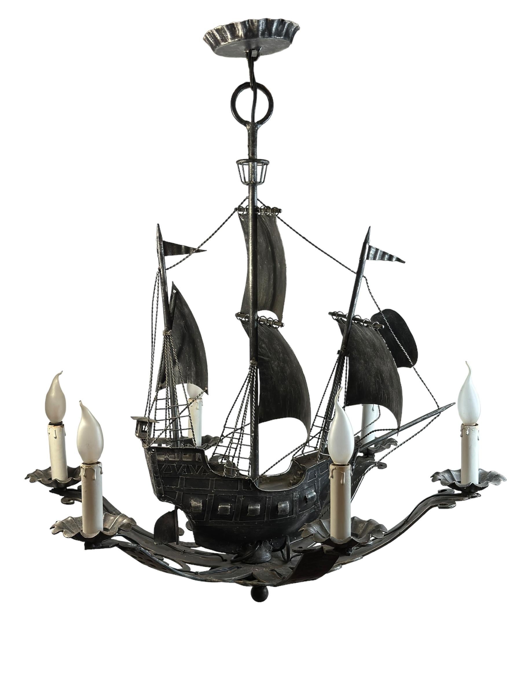 Wrought Iron Spanish Gallon Sailing Ship Six-Light Chandelier, Vintage 1960s For Sale 5