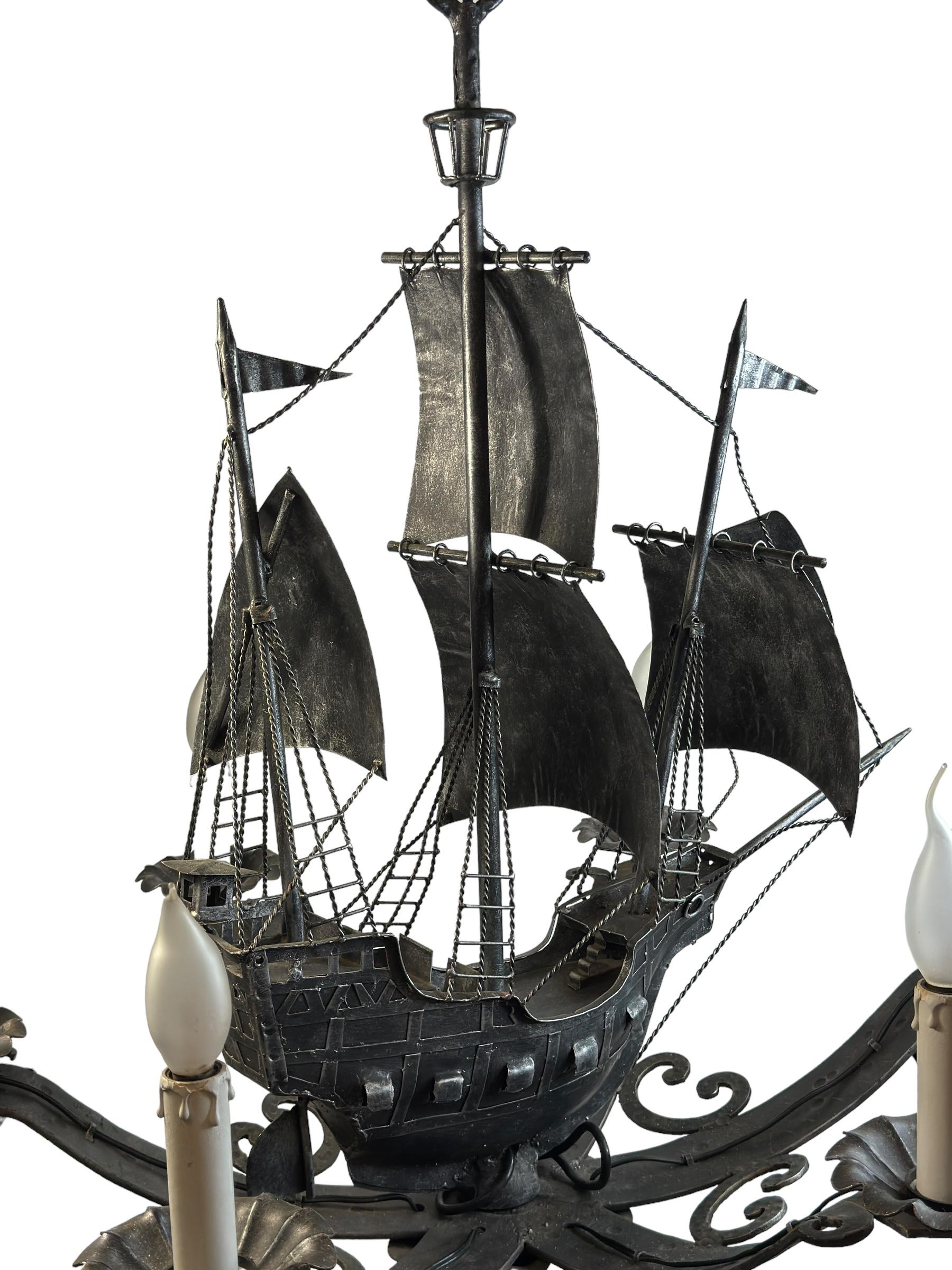 Wrought Iron Spanish Gallon Sailing Ship Six-Light Chandelier, Vintage 1960s For Sale 6