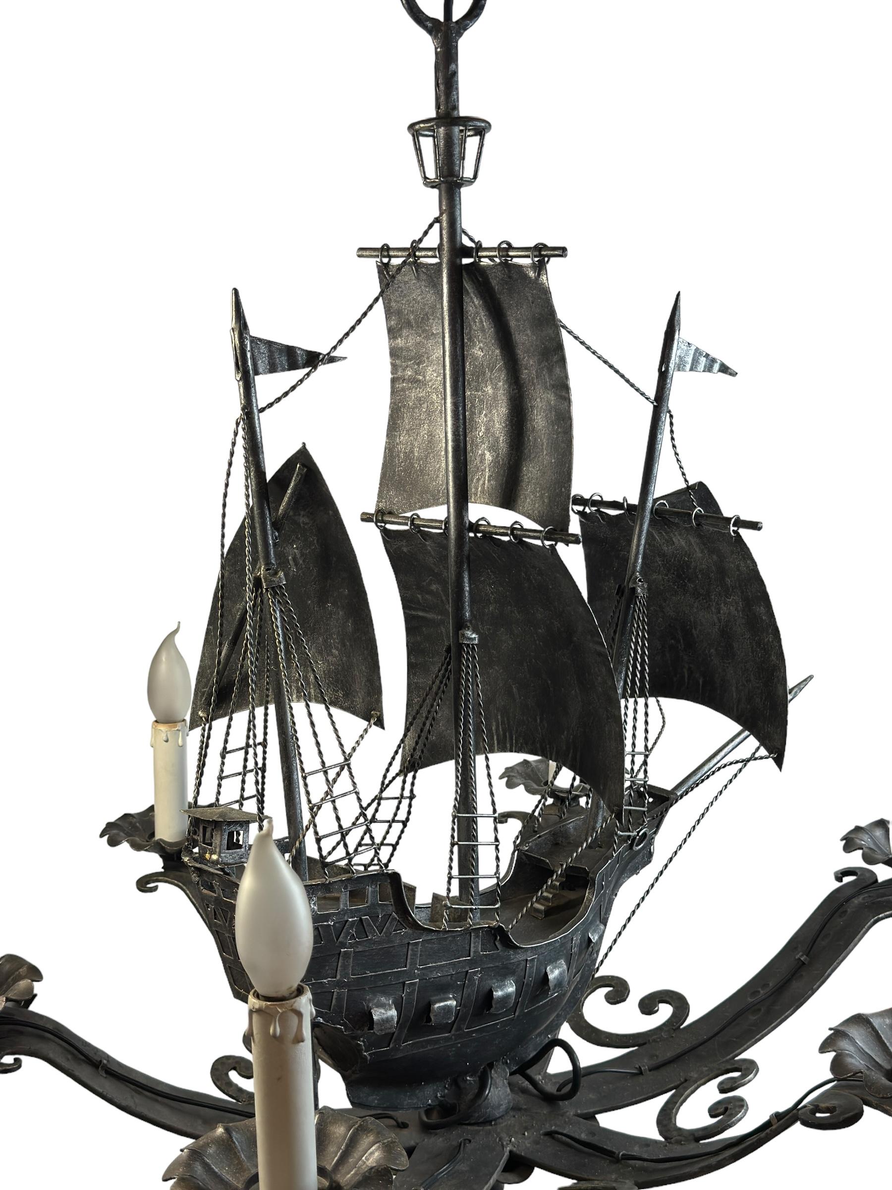 Wrought Iron Spanish Gallon Sailing Ship Six-Light Chandelier, Vintage 1960s For Sale 7