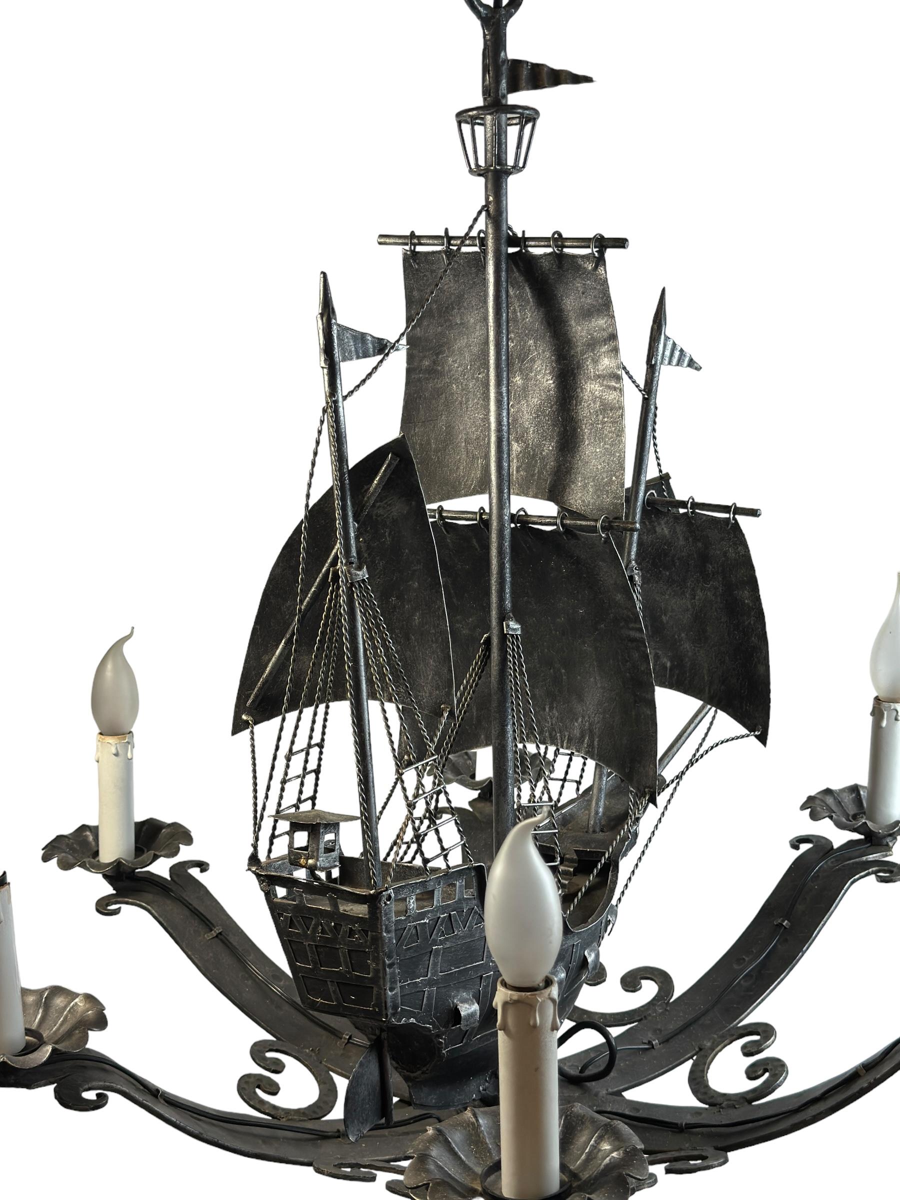 Wrought Iron Spanish Gallon Sailing Ship Six-Light Chandelier, Vintage 1960s For Sale 8