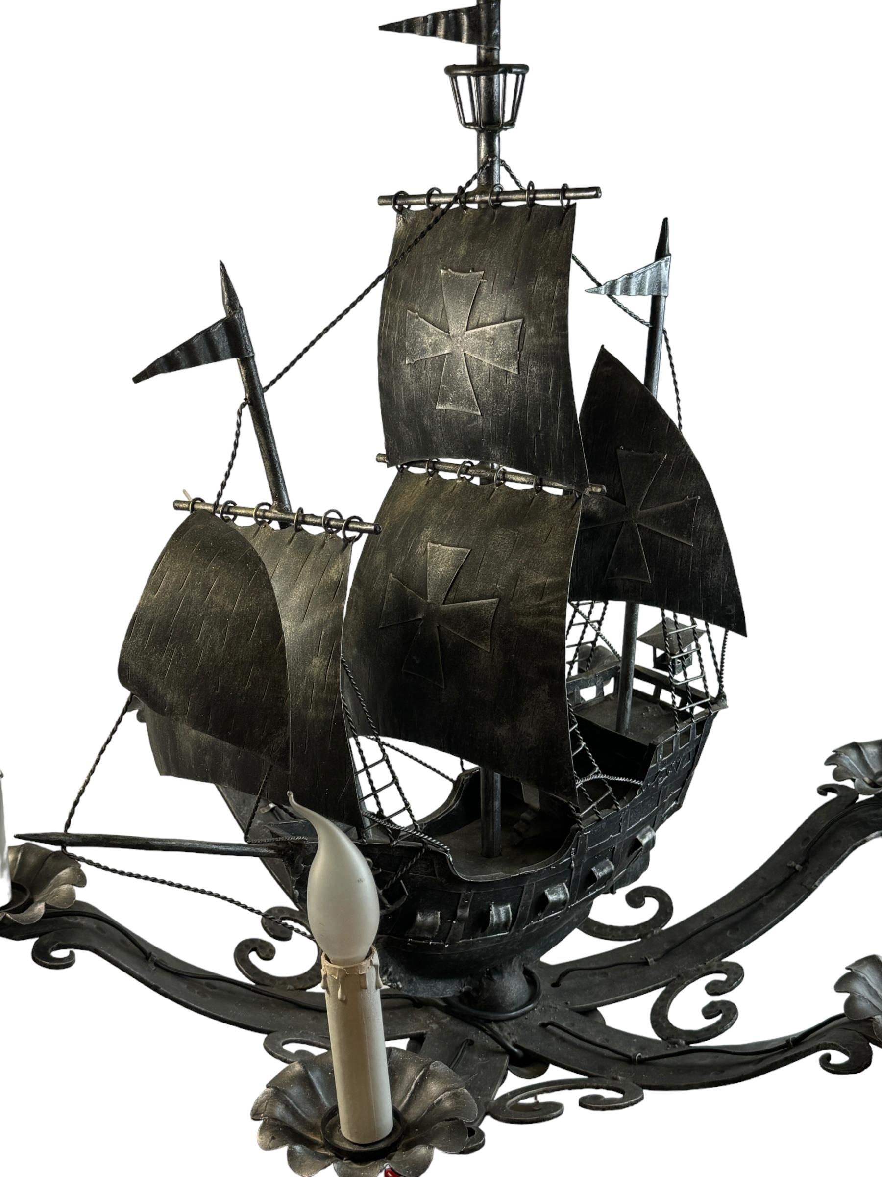 German Wrought Iron Spanish Gallon Sailing Ship Six-Light Chandelier, Vintage 1960s For Sale
