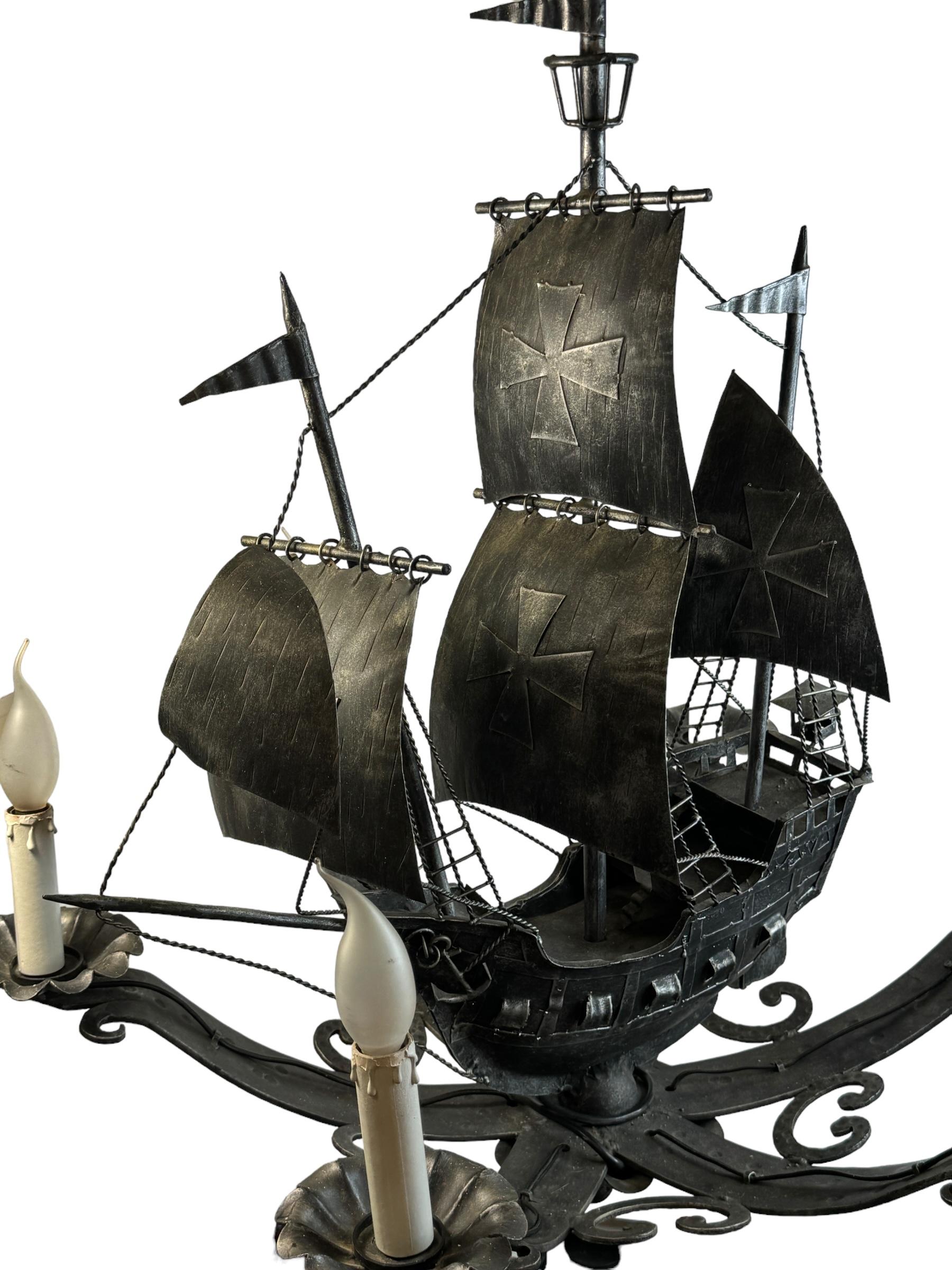 Hand-Crafted Wrought Iron Spanish Gallon Sailing Ship Six-Light Chandelier, Vintage 1960s For Sale