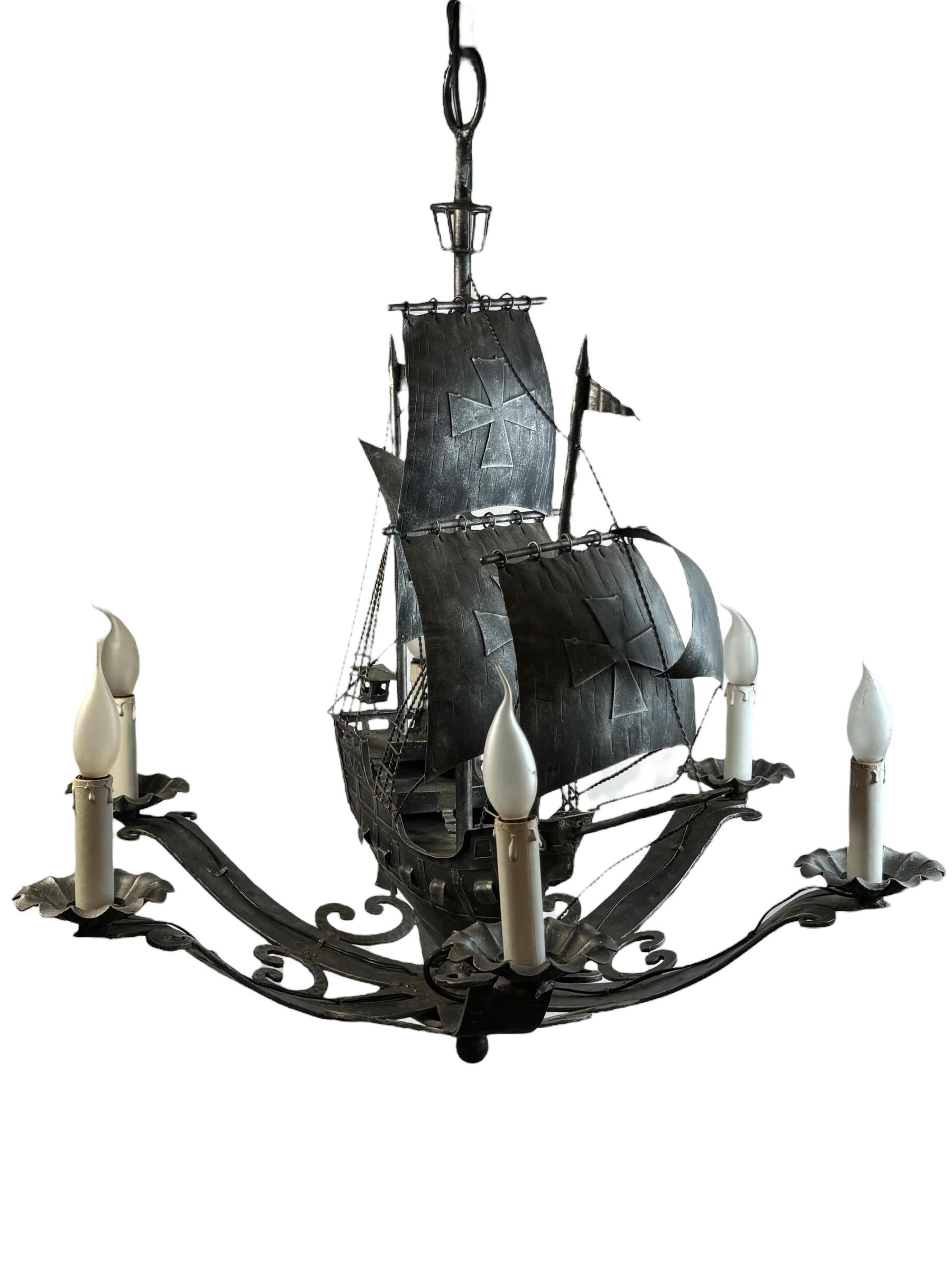 Mid-20th Century Wrought Iron Spanish Gallon Sailing Ship Six-Light Chandelier, Vintage 1960s For Sale