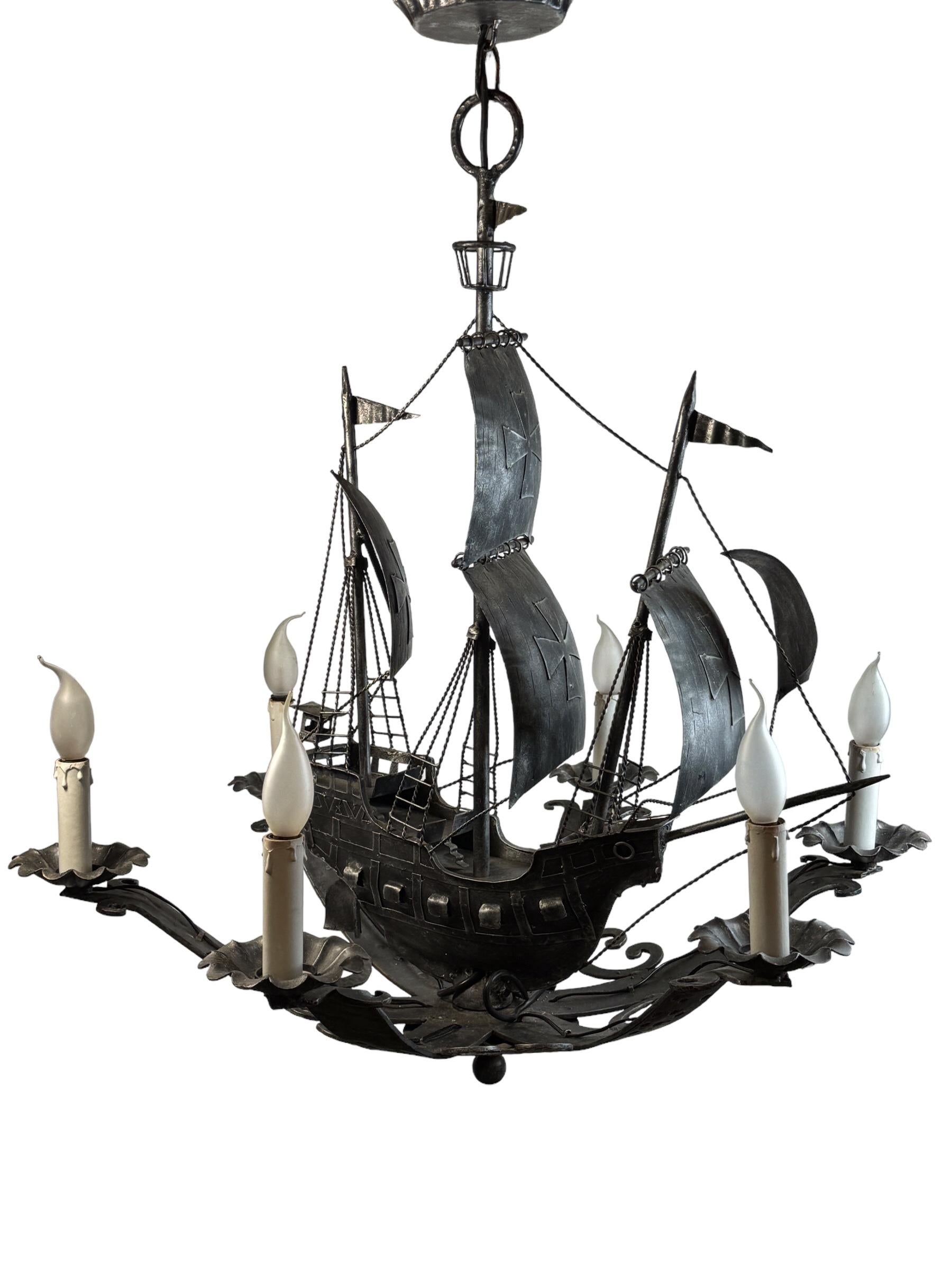 Metal Wrought Iron Spanish Gallon Sailing Ship Six-Light Chandelier, Vintage 1960s For Sale