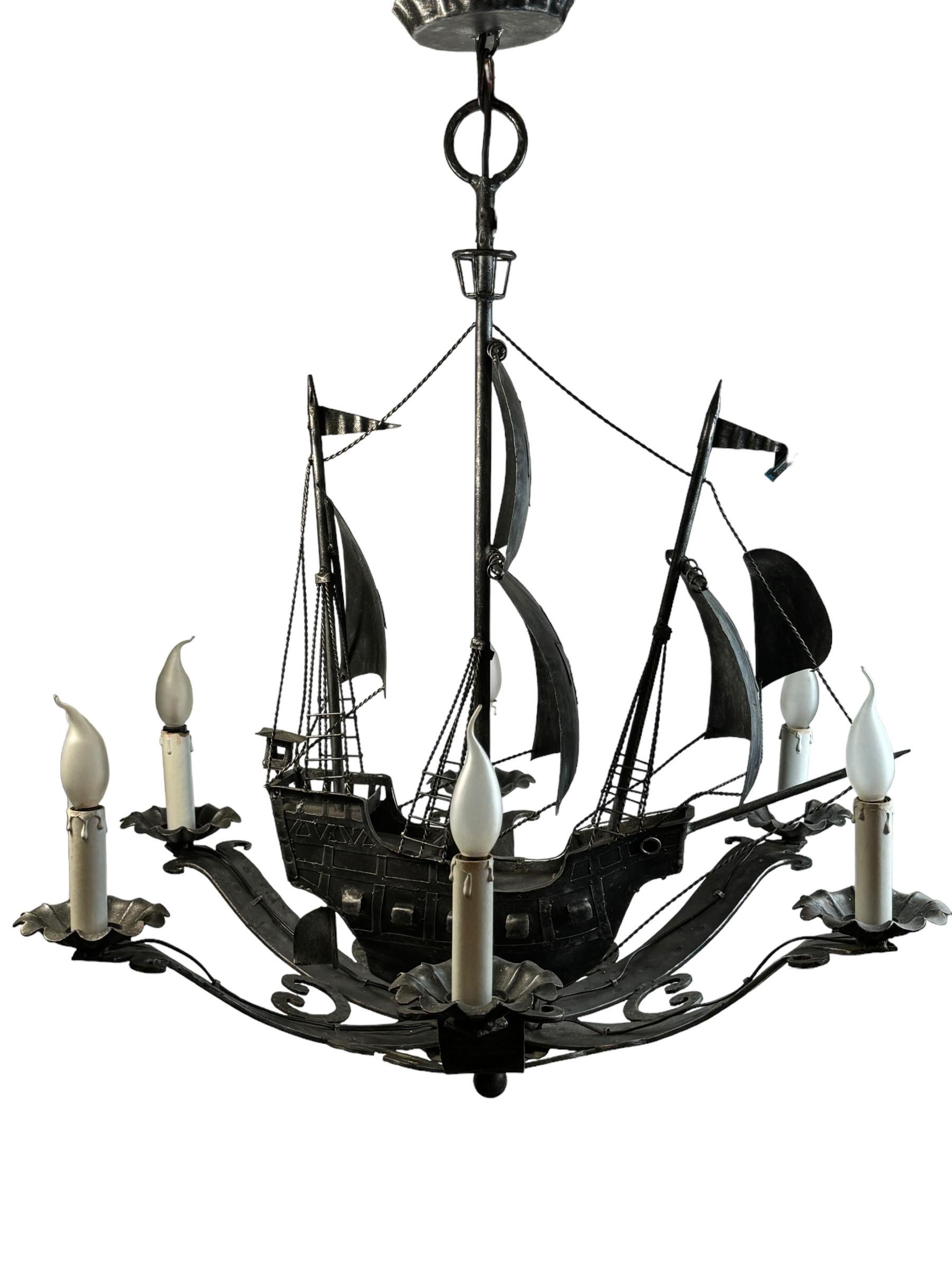 Wrought Iron Spanish Gallon Sailing Ship Six-Light Chandelier, Vintage 1960s For Sale 1