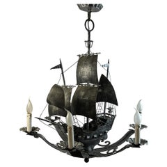 Lampadario a sei luci in ferro battuto Spanish Gallon Sailing Ship, vintage anni '60