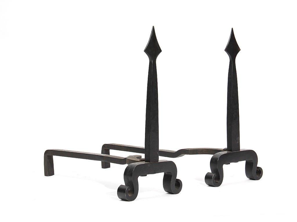 Arts and Crafts Wrought Iron Spear Andirons