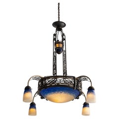 Wrought Iron & Stained Glass Chandelier by Henri Fournet, France, Circa 1930