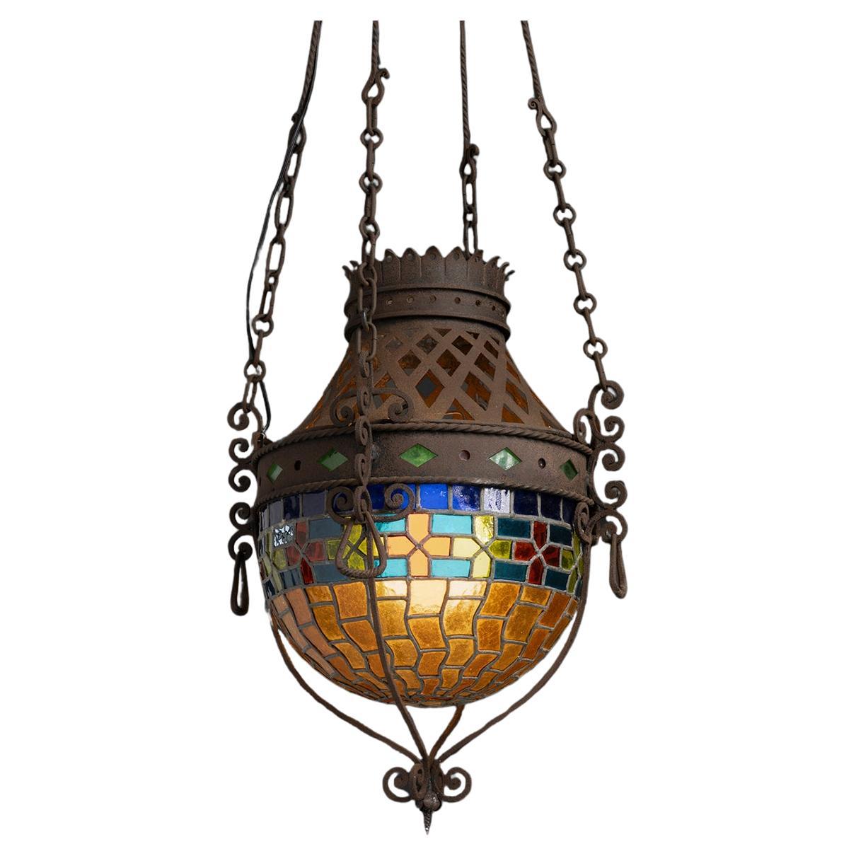 Wrought Iron
Stained Glass Chandelier, France circa 1900