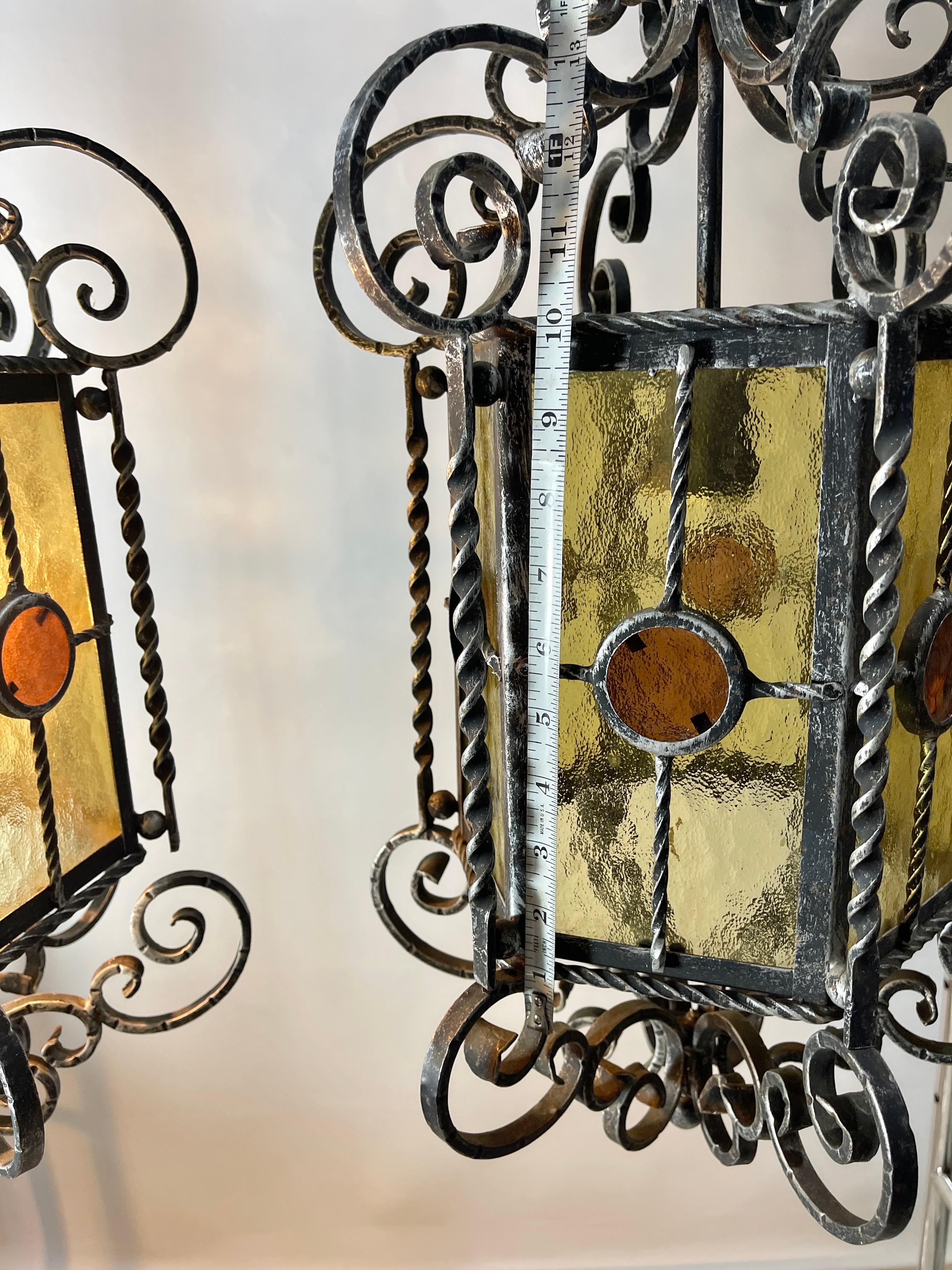 Wrought Iron & Stained Glass Italian Gothic Lanterns (2 available) For Sale 5